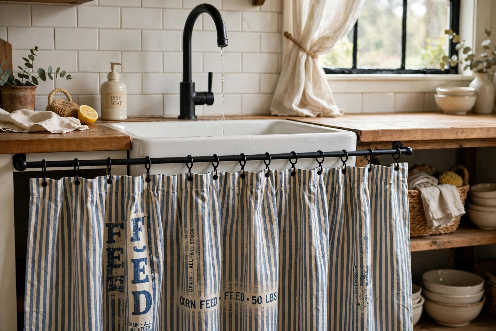 Vintage feed-sack striped sink skirt hung from clip rings on a matte black rod