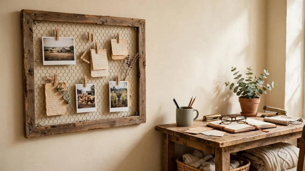 Chicken wire bulletin board with notes pinned beside a farmhouse desk