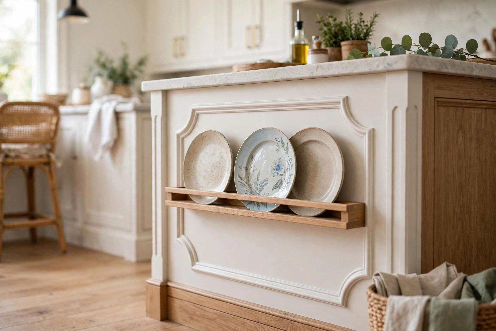 Shallow plate rail mounted on the decorative end panel of a kitchen island
