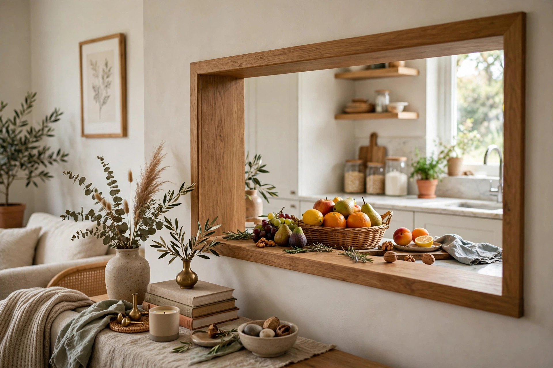 Deep double-sided pass-through ledge styled with decor on the living side and fruit on the kitchen side