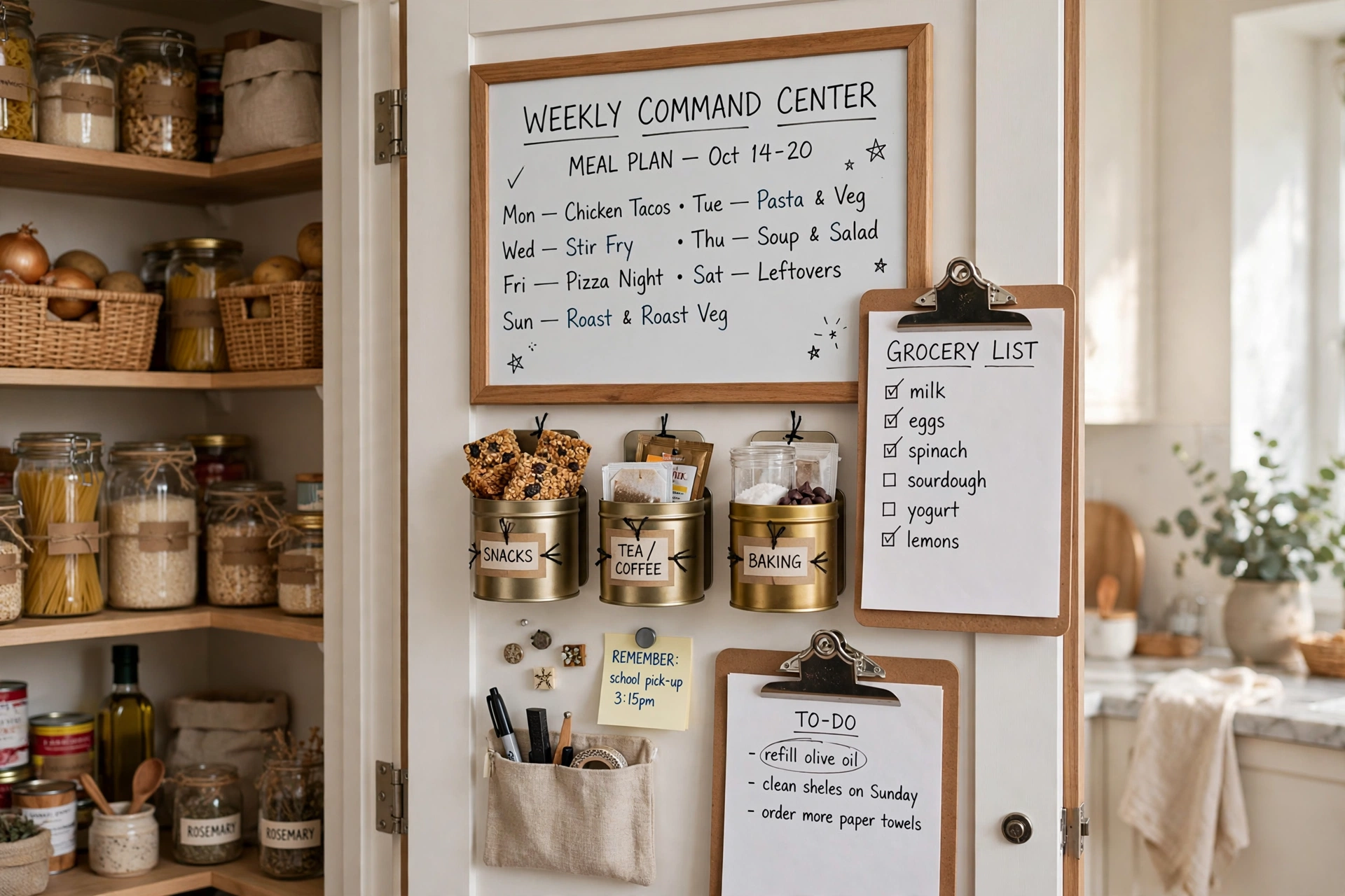 Pantry door command center with whiteboard, magnetic tins and clipboards inside