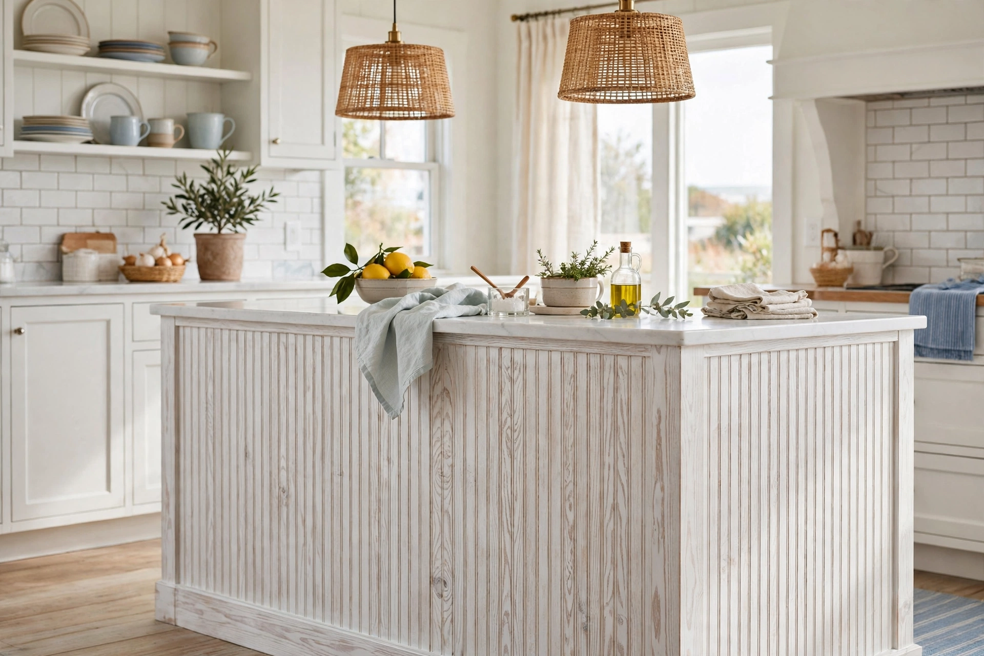 Whitewashed beadboard island front with visible wood grain in a coastal cottage kitchen