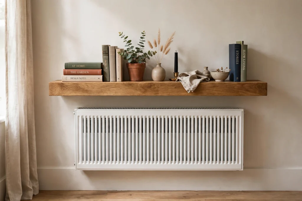 Chunky floating shelf styled with books above a vented radiator