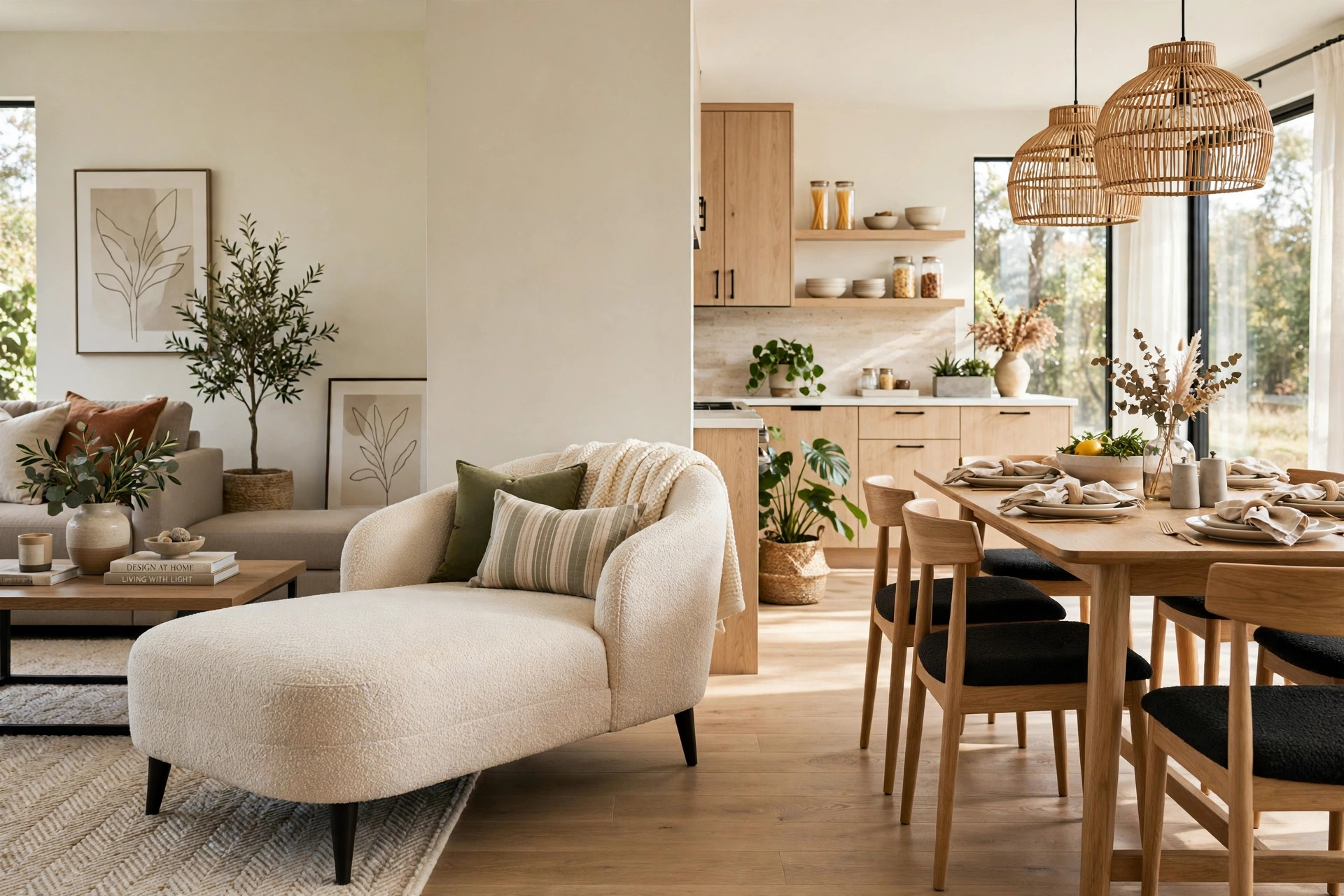Modern chaise lounge dividing an open-plan living and dining space