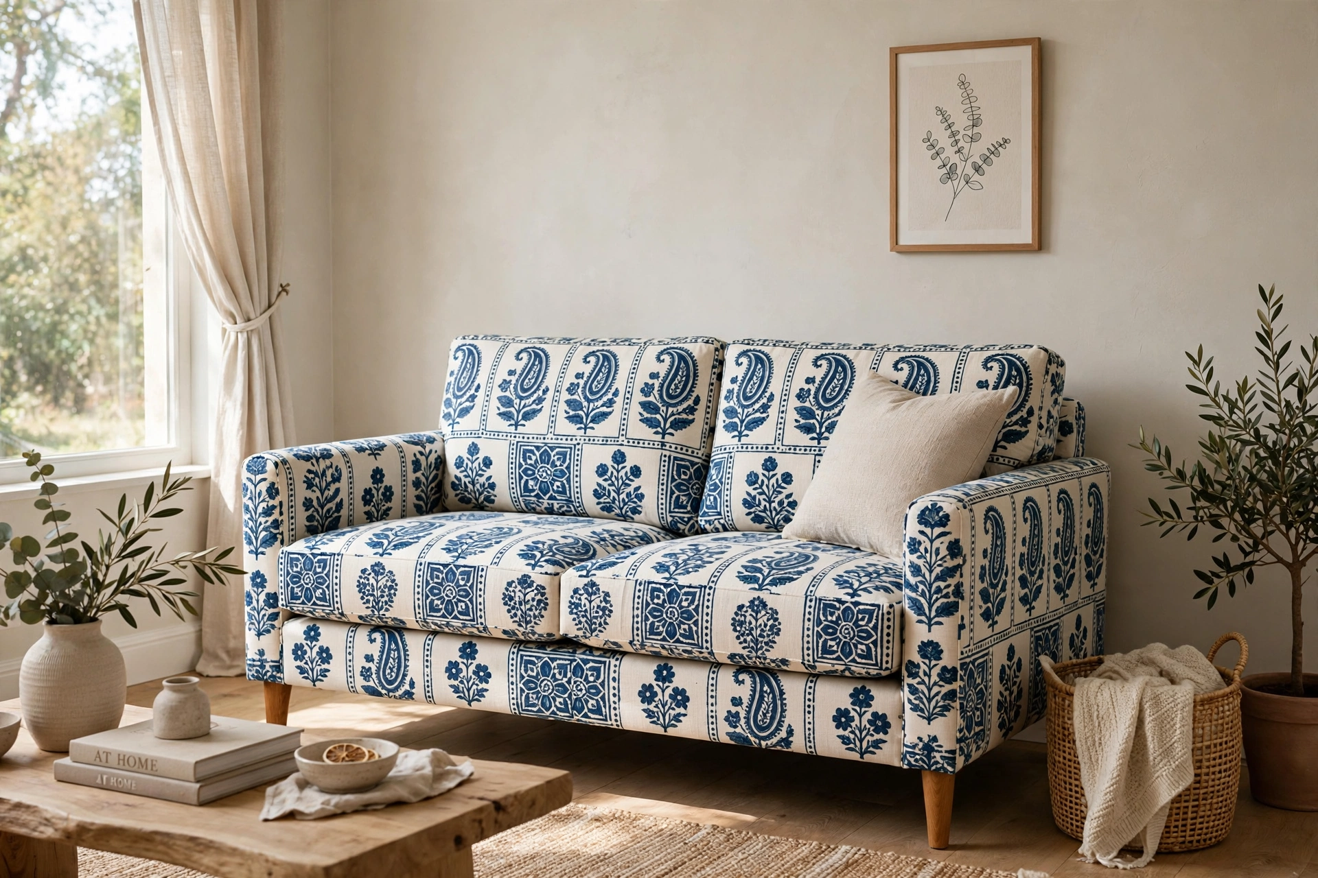Block-print patterned loveseat standing out against calm neutral walls