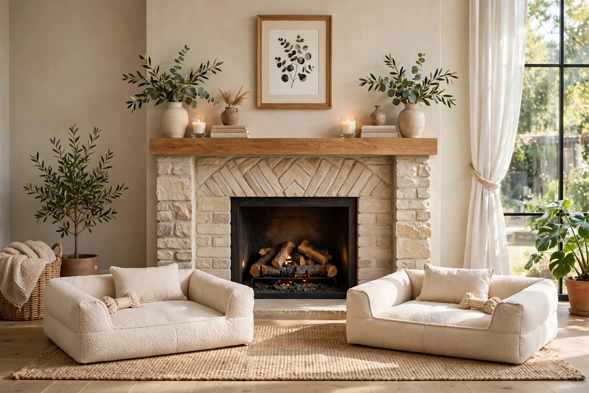 Pair of matching dog beds placed symmetrically beside a fireplace