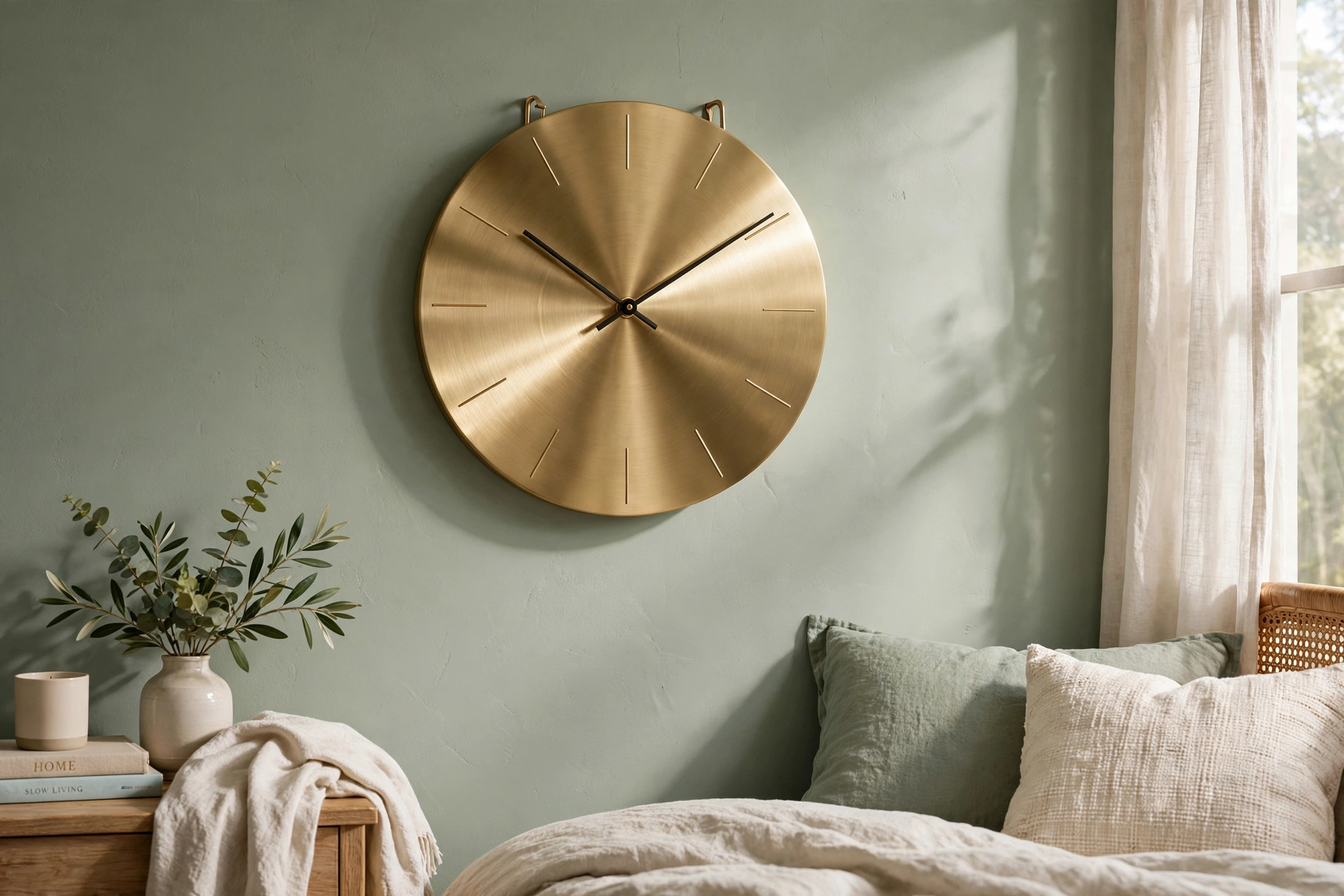 Brushed brass clock with slim hands on a sage green bedroom wall