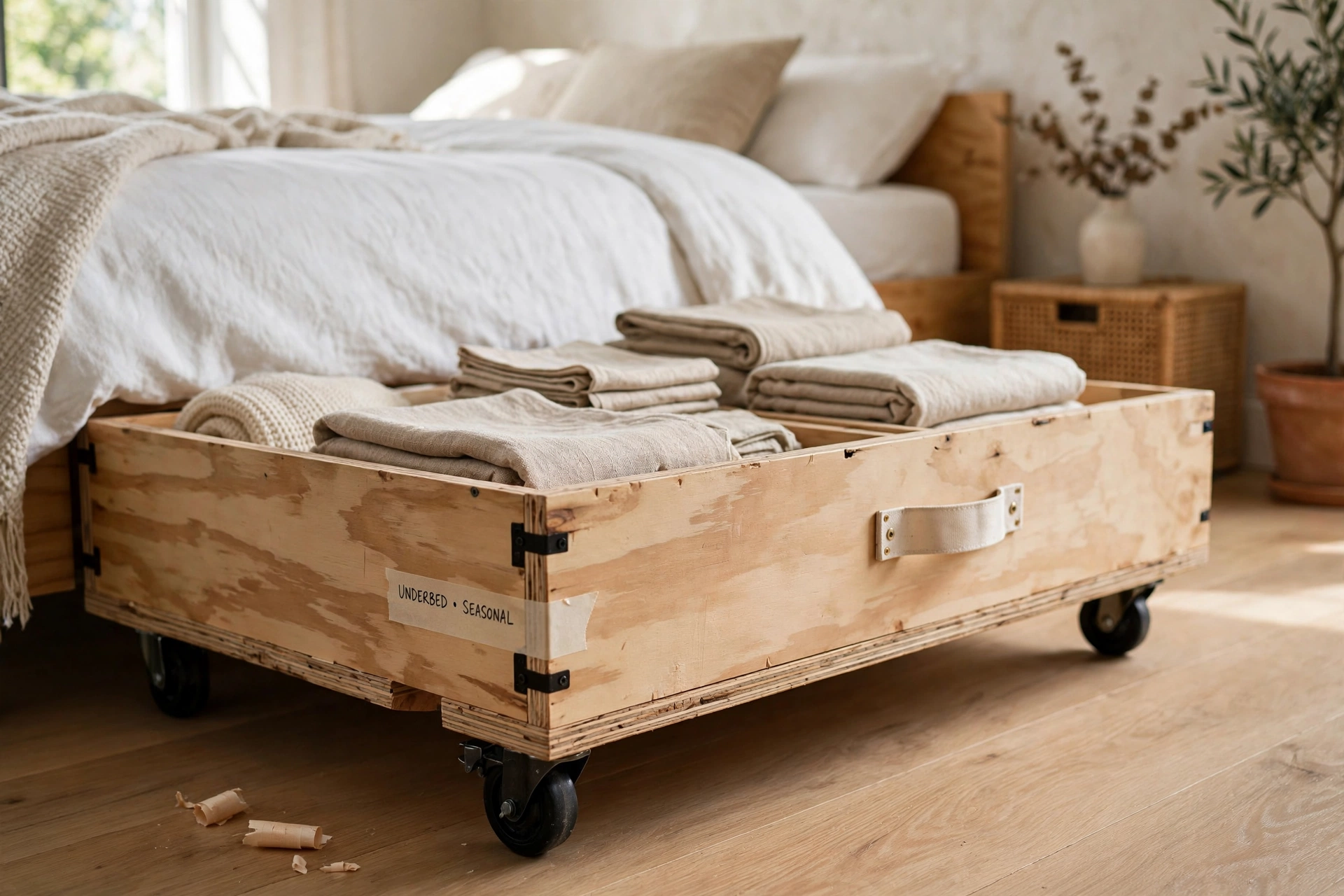 Handmade plywood drawer on caster wheels built for under-bed storage