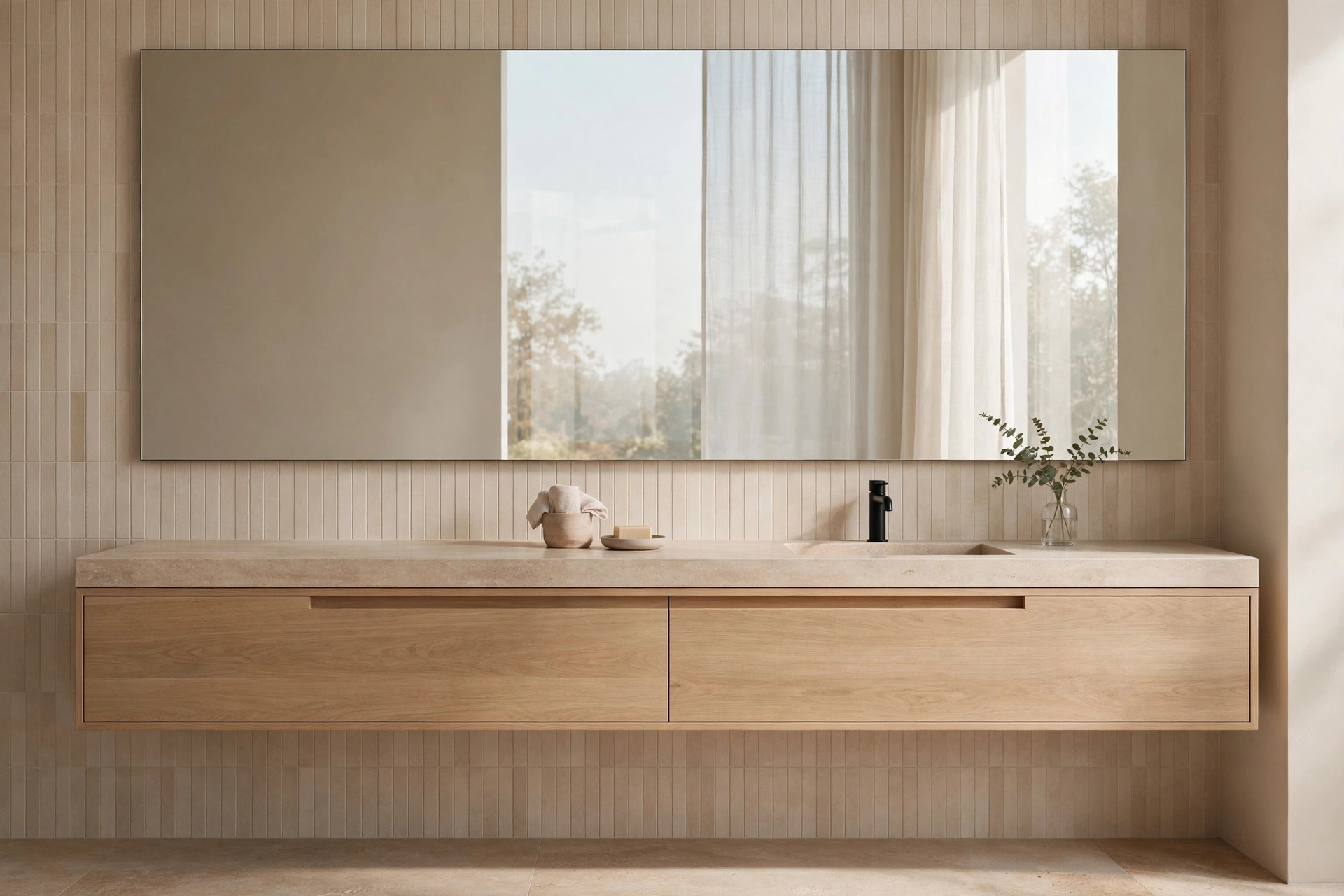 Full-width frameless mirror over a floating oak vanity