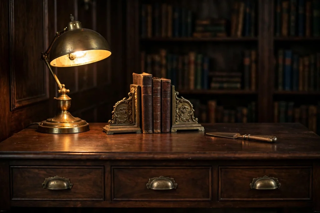 Antique brass desk accessories: lamp, bookends and letter opener on a walnut desk