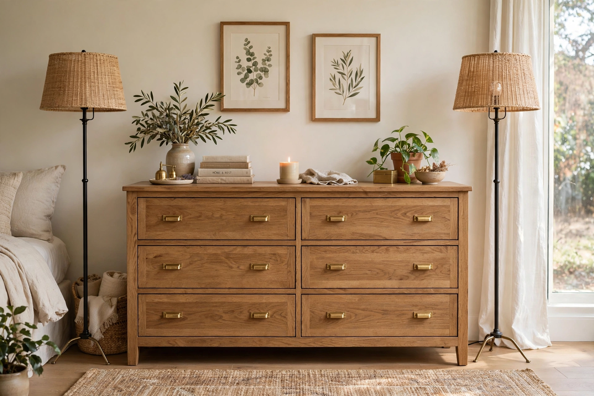 Matching pair of floor lamps flanking a wide wooden bedroom dresser