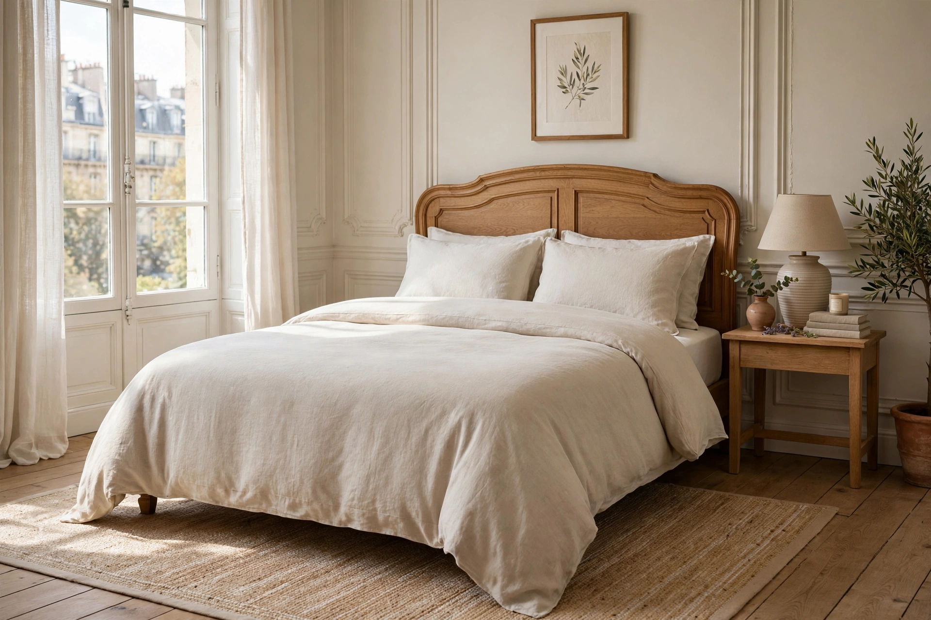 European-style bed with a single duvet and no top sheet, neatly arranged