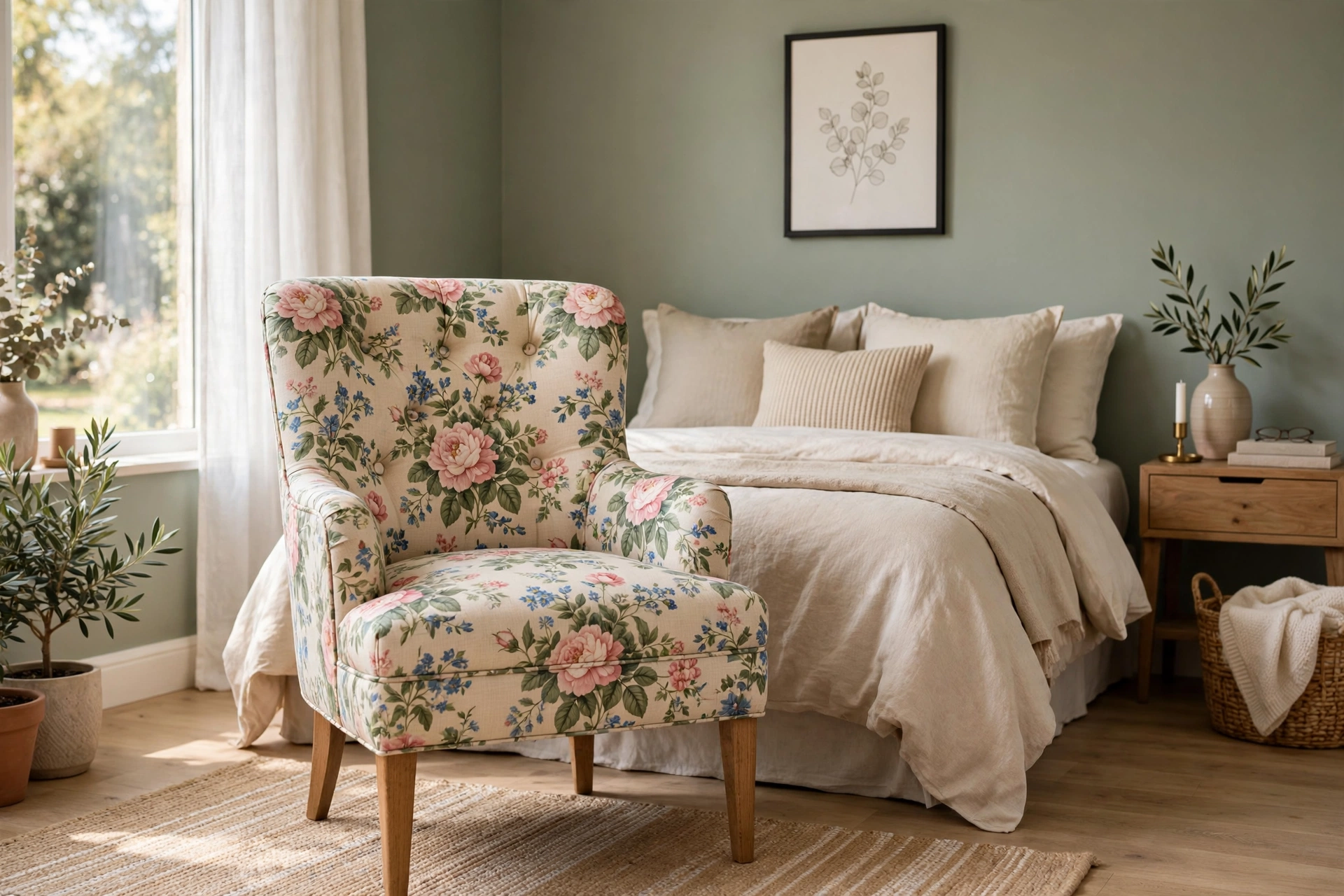 Floral patterned accent chair as the statement piece in a solid-toned bedroom