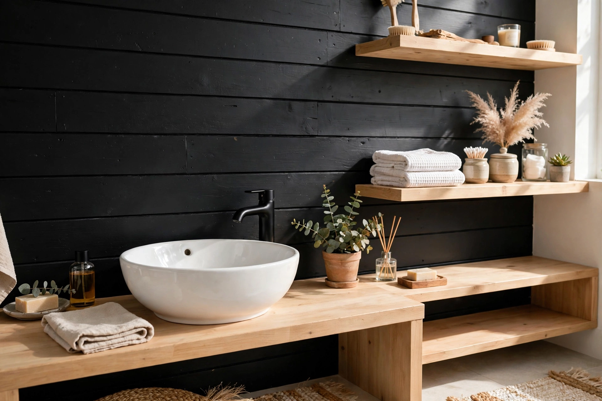 Black shiplap bathroom wall with white vessel sink and light wood shelves