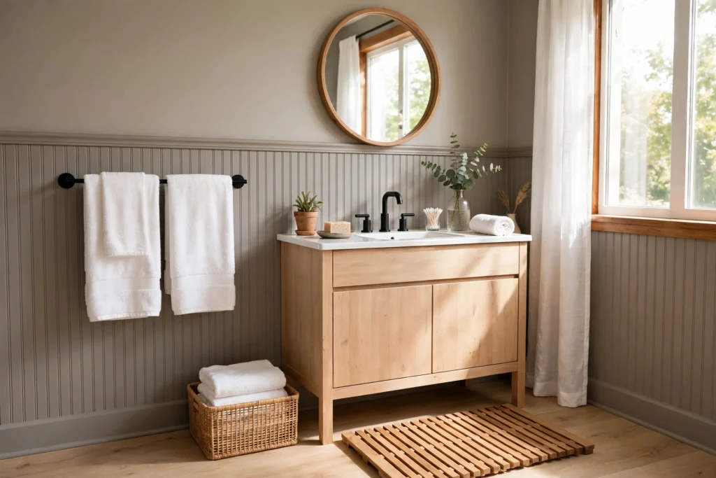 Warm gray beadboard bathroom walls with white towels and wood bath mat