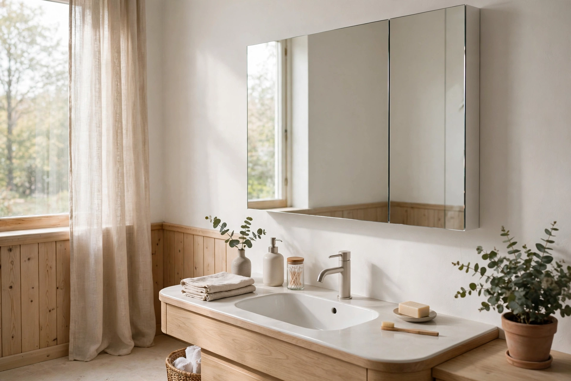 Minimalist frameless mirrored medicine cabinet in a Scandinavian bathroom