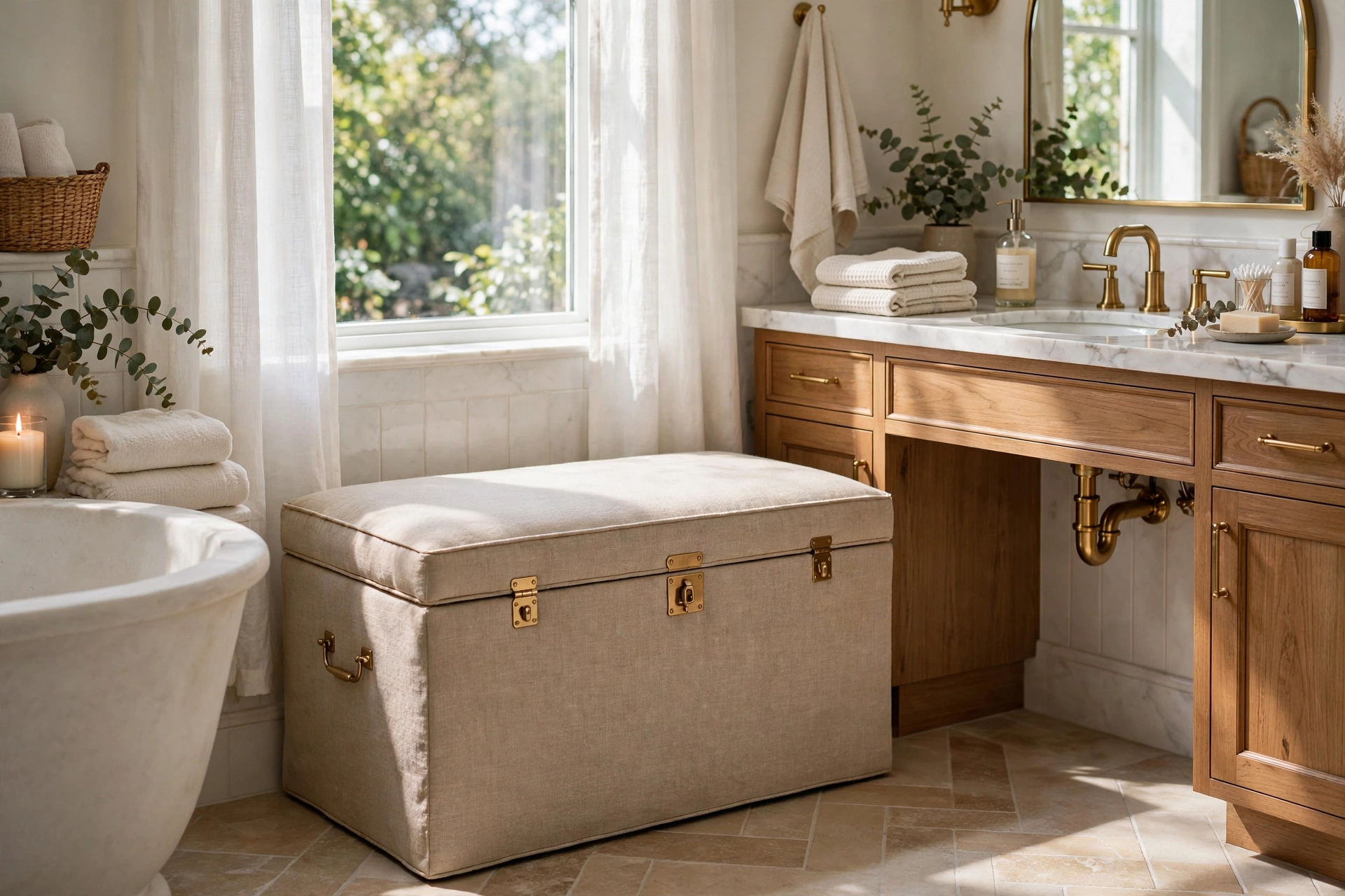 Upholstered linen hamper doubling as a bench in a luxurious primary bathroom
