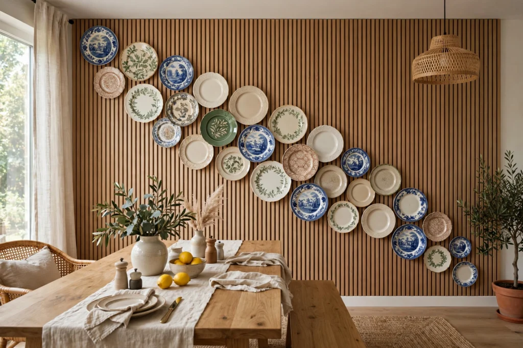 Plates arranged in a flowing diagonal wave pattern across a long dining room wall