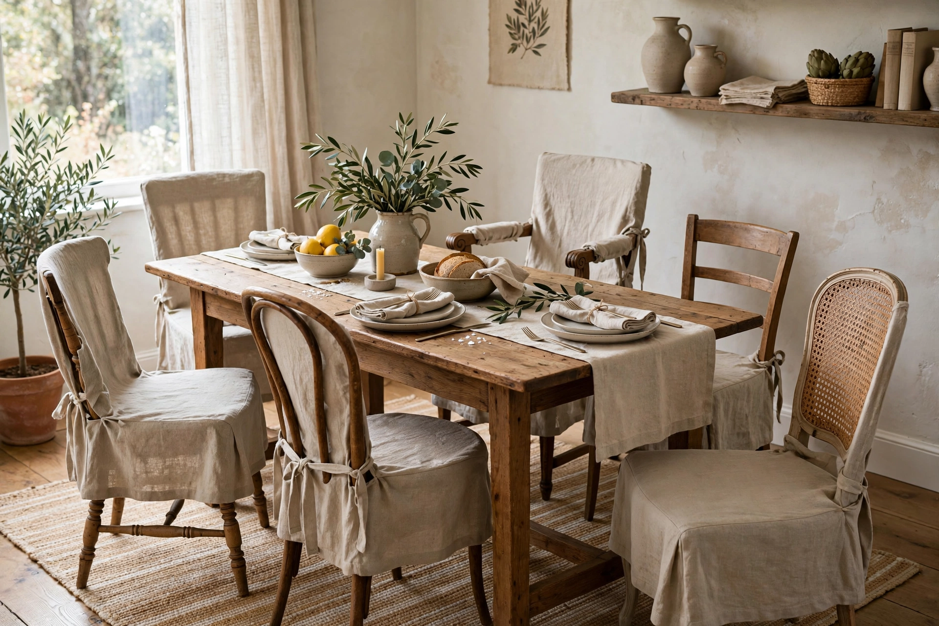 Mismatched vintage chairs unified with matching neutral slipcovers around a table