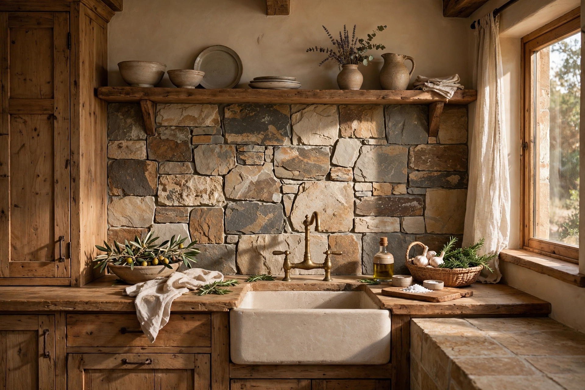 Natural stone tile backsplash in a rustic kitchen