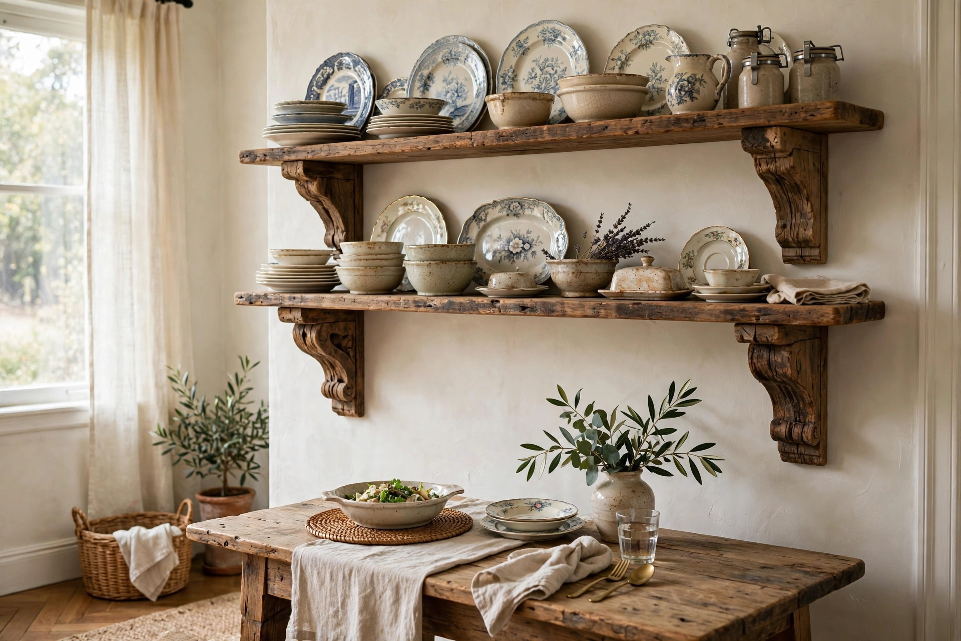Reclaimed wood corbels supporting open shelves of vintage dishes in a dining room