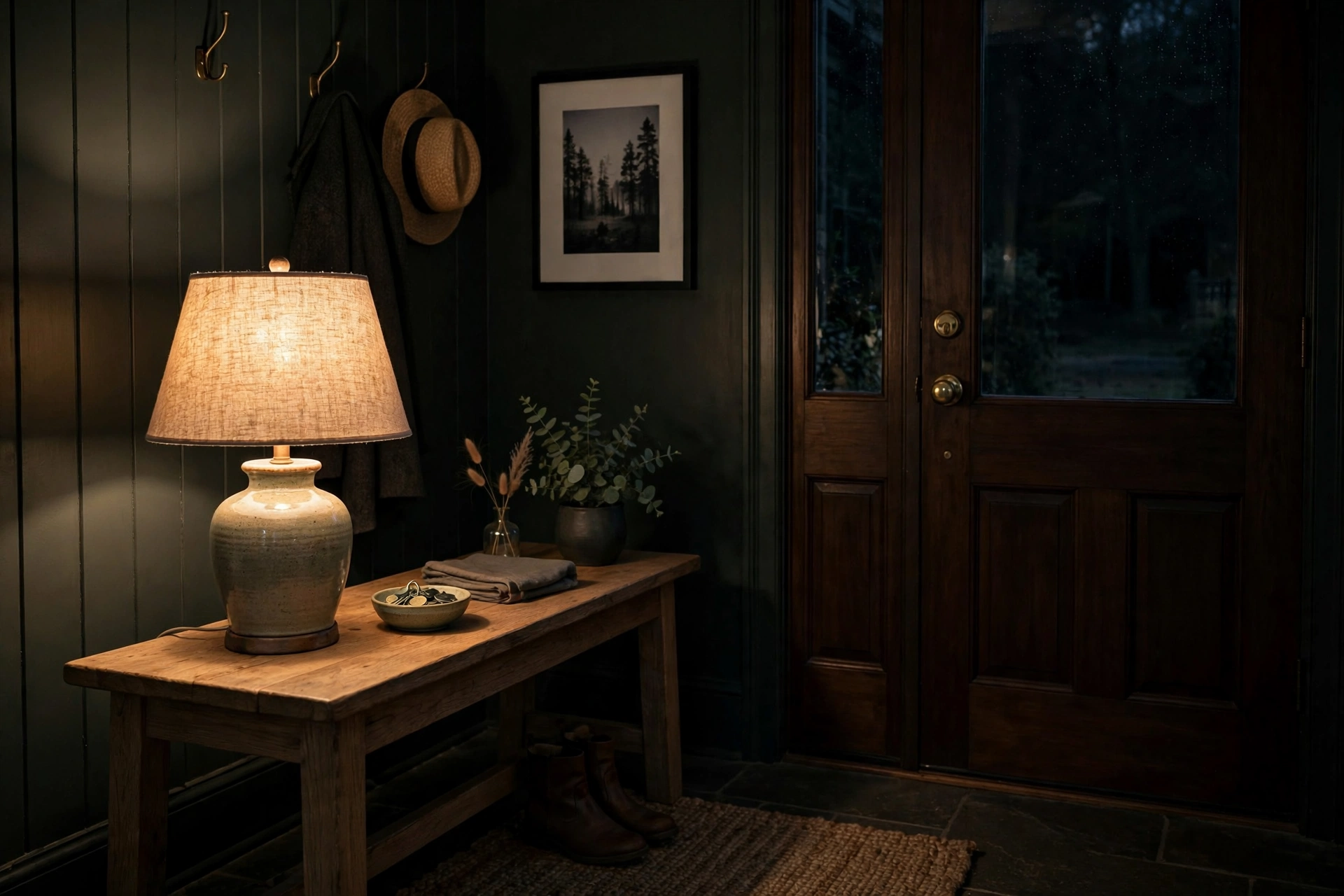 Table lamp with a soft nightlight glow illuminating a dark entryway at night