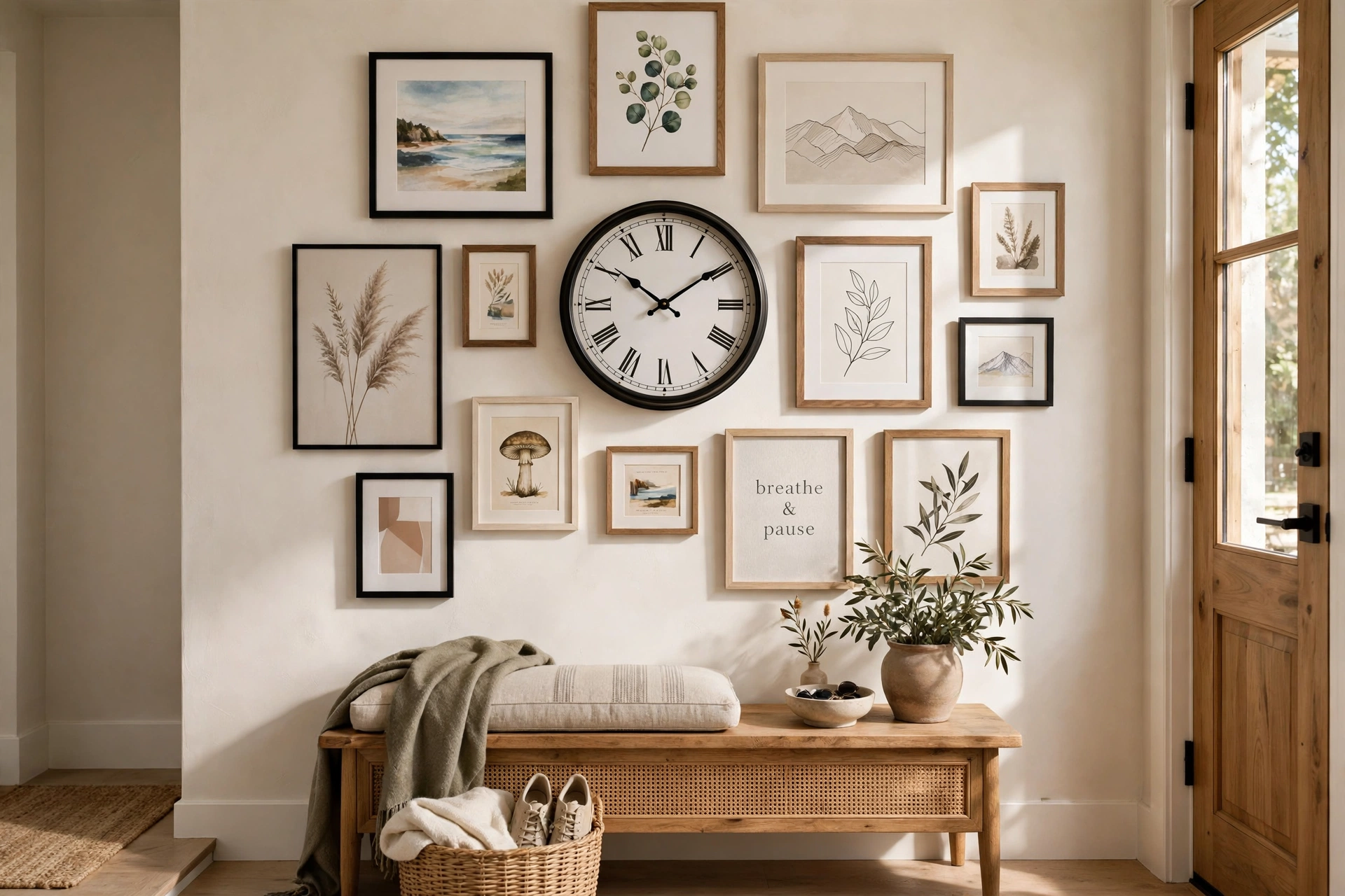 Entryway gallery wall with a central round clock surrounded by framed art