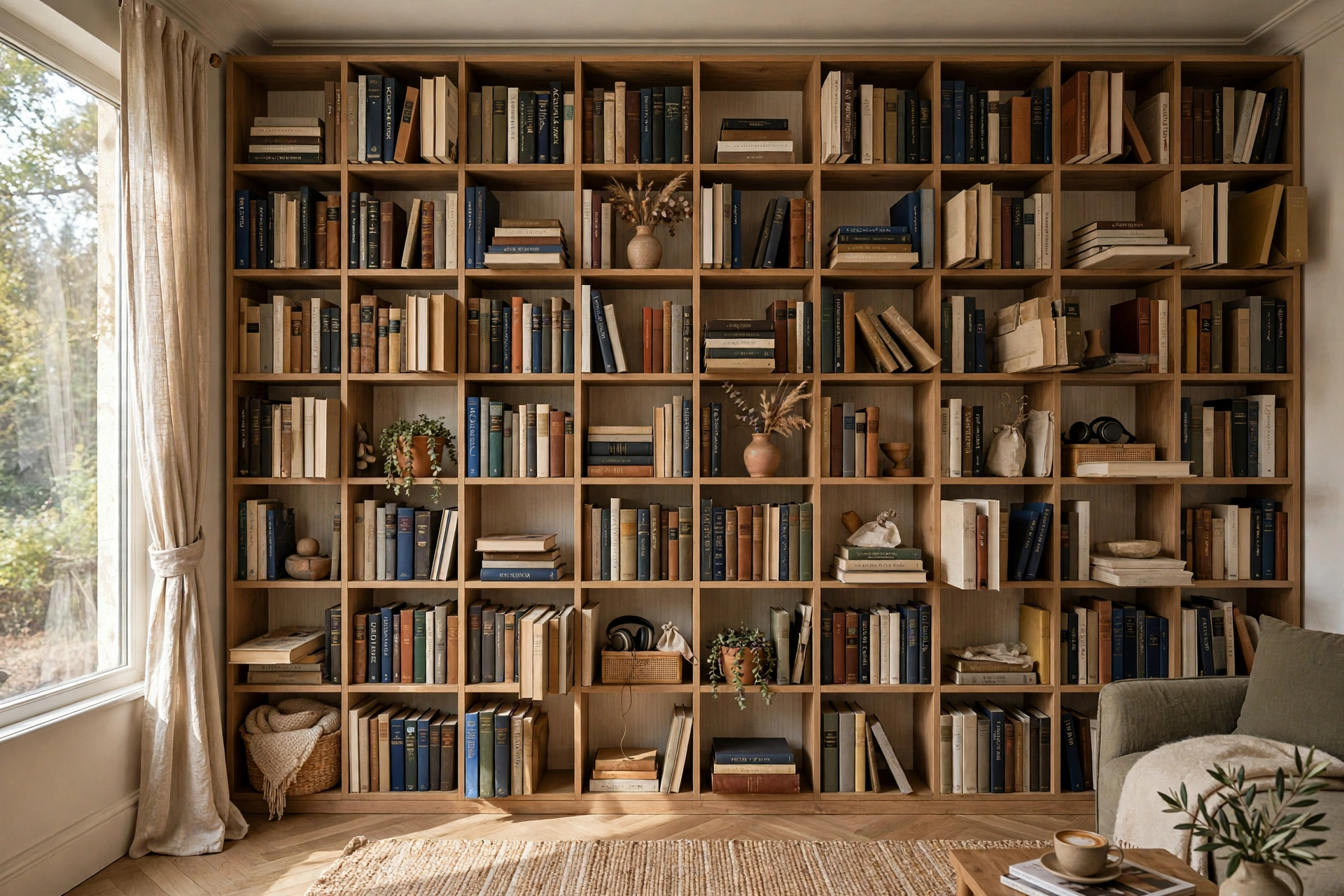 Floor-to-ceiling bookshelf filled with books acting as a sound diffuser wall