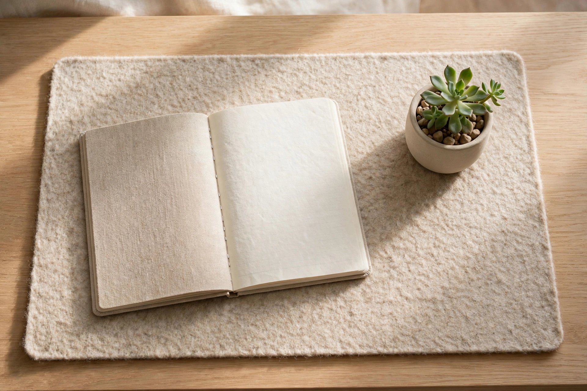 Minimal styled desk surface with mat, notebook, and small plant