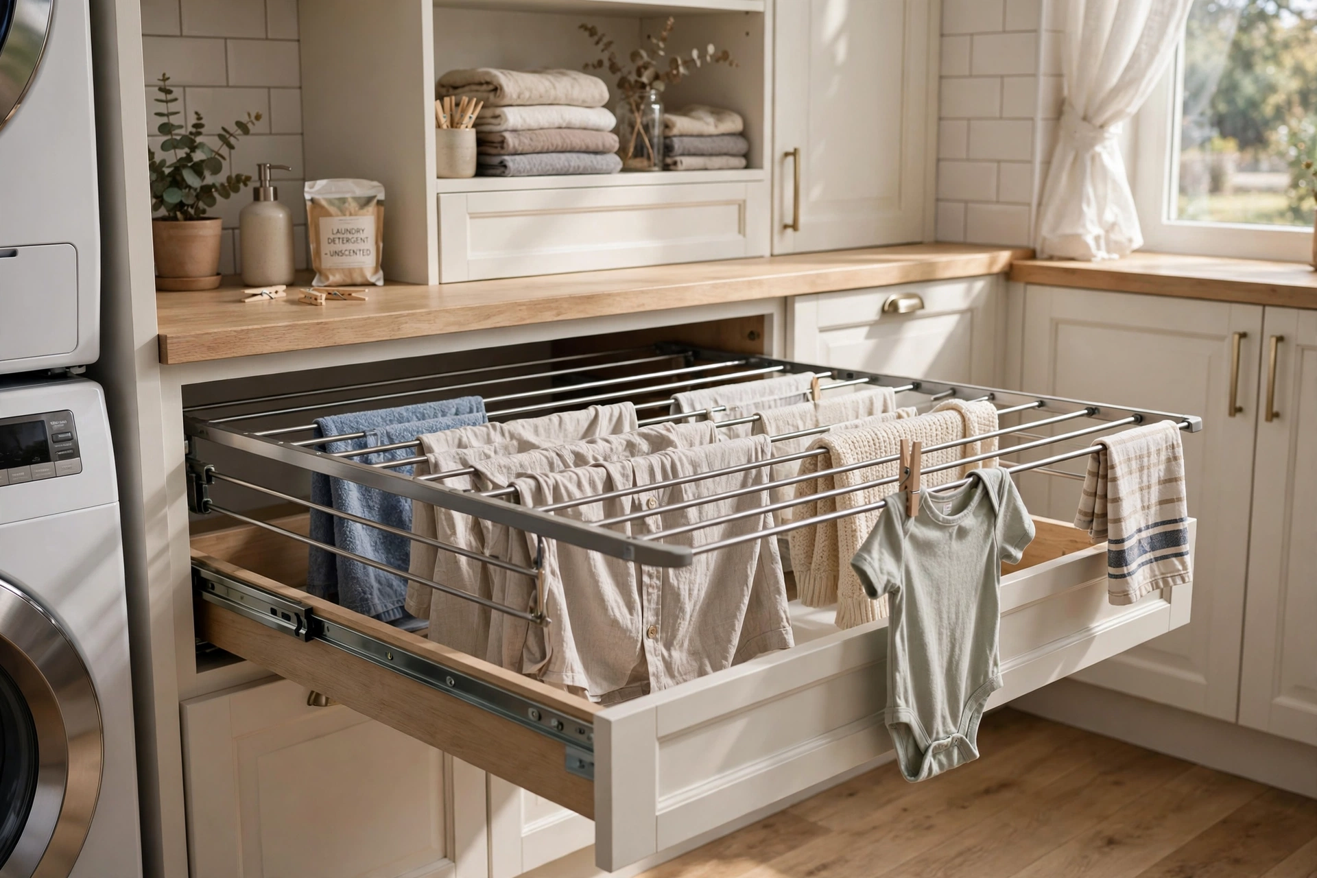 Pull-out drying rack drawer extended from laundry room cabinetry