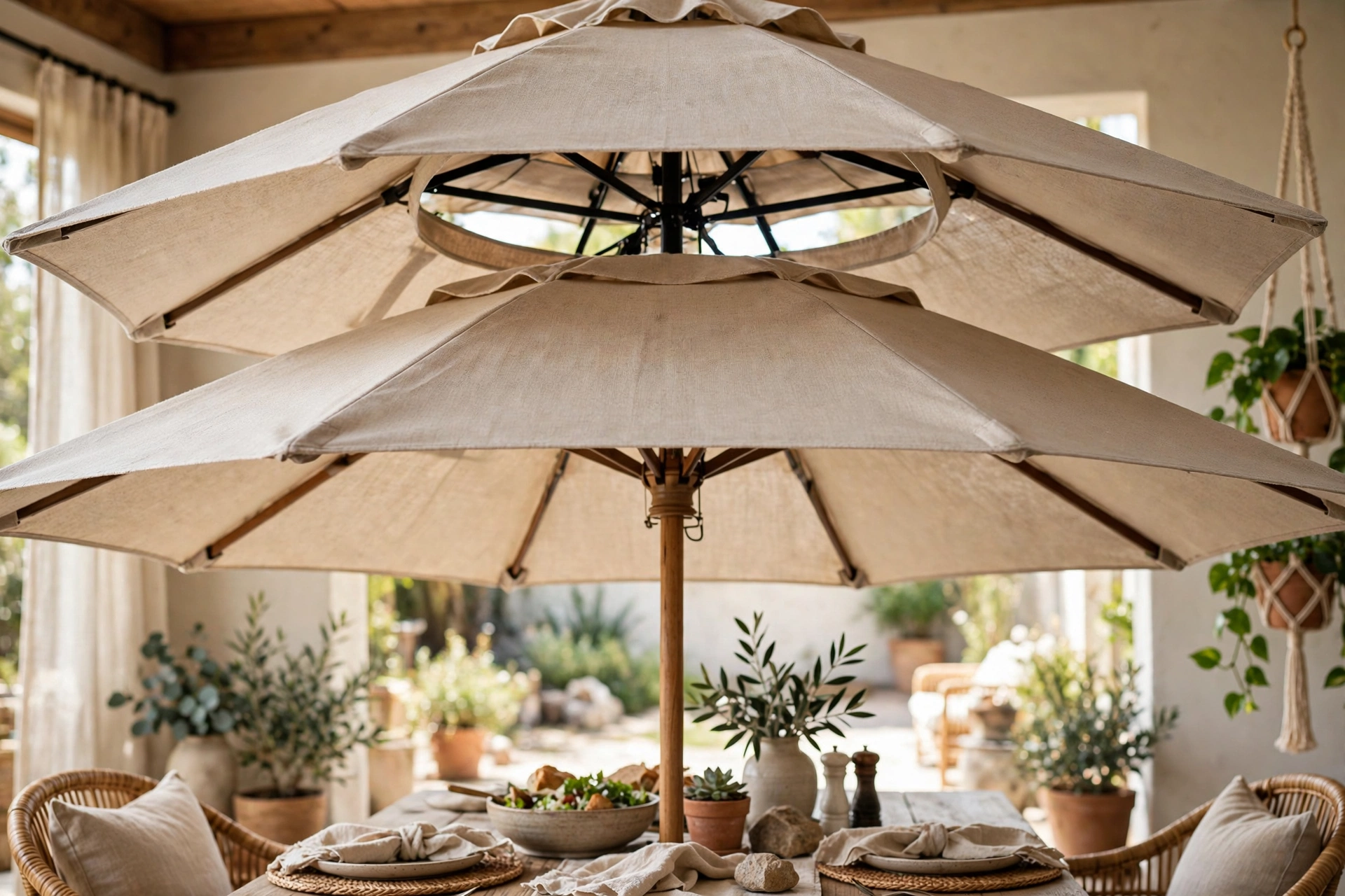 Vented patio umbrella canopy showing the wind escape gap