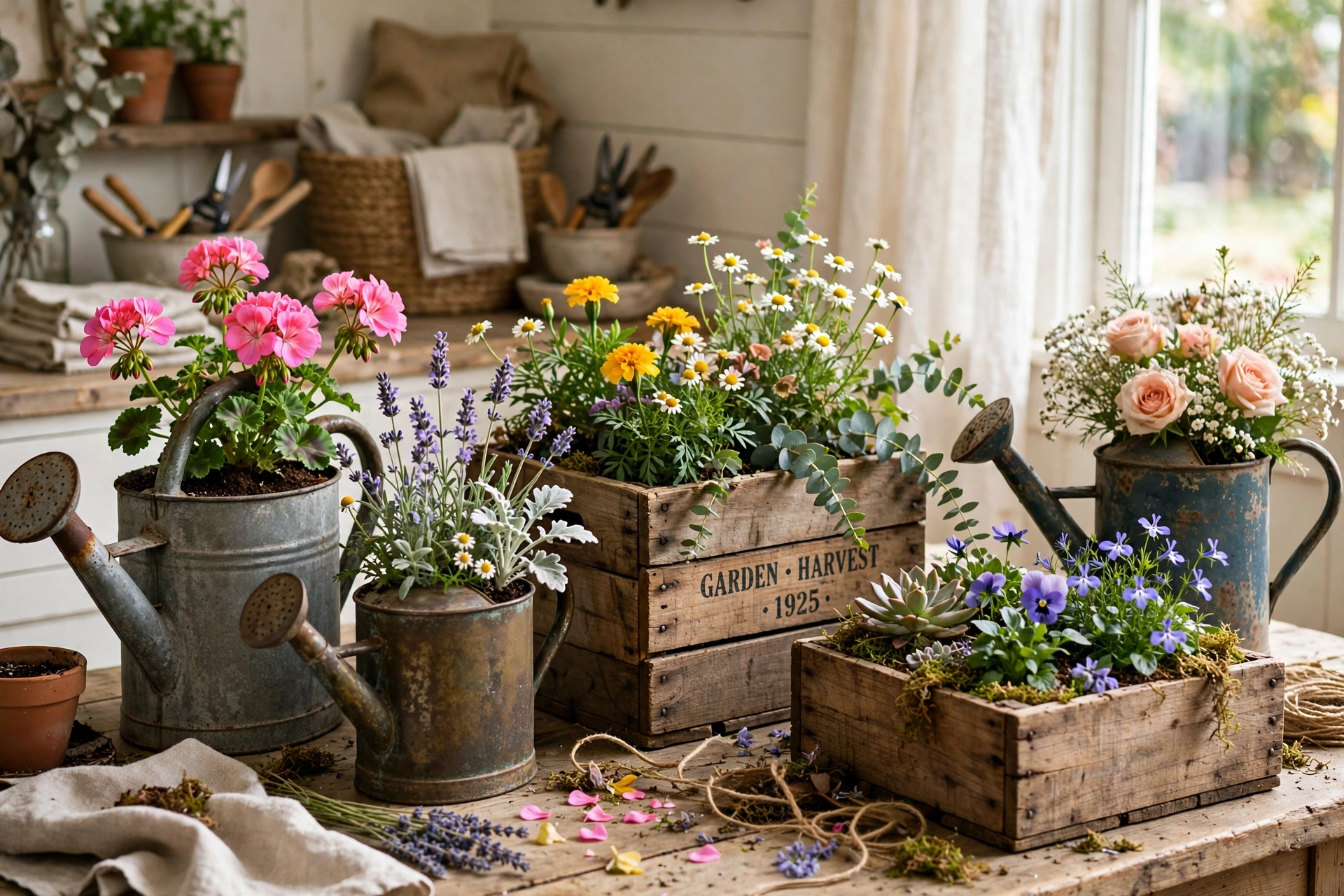 Vintage watering cans and crates repurposed as garden planters