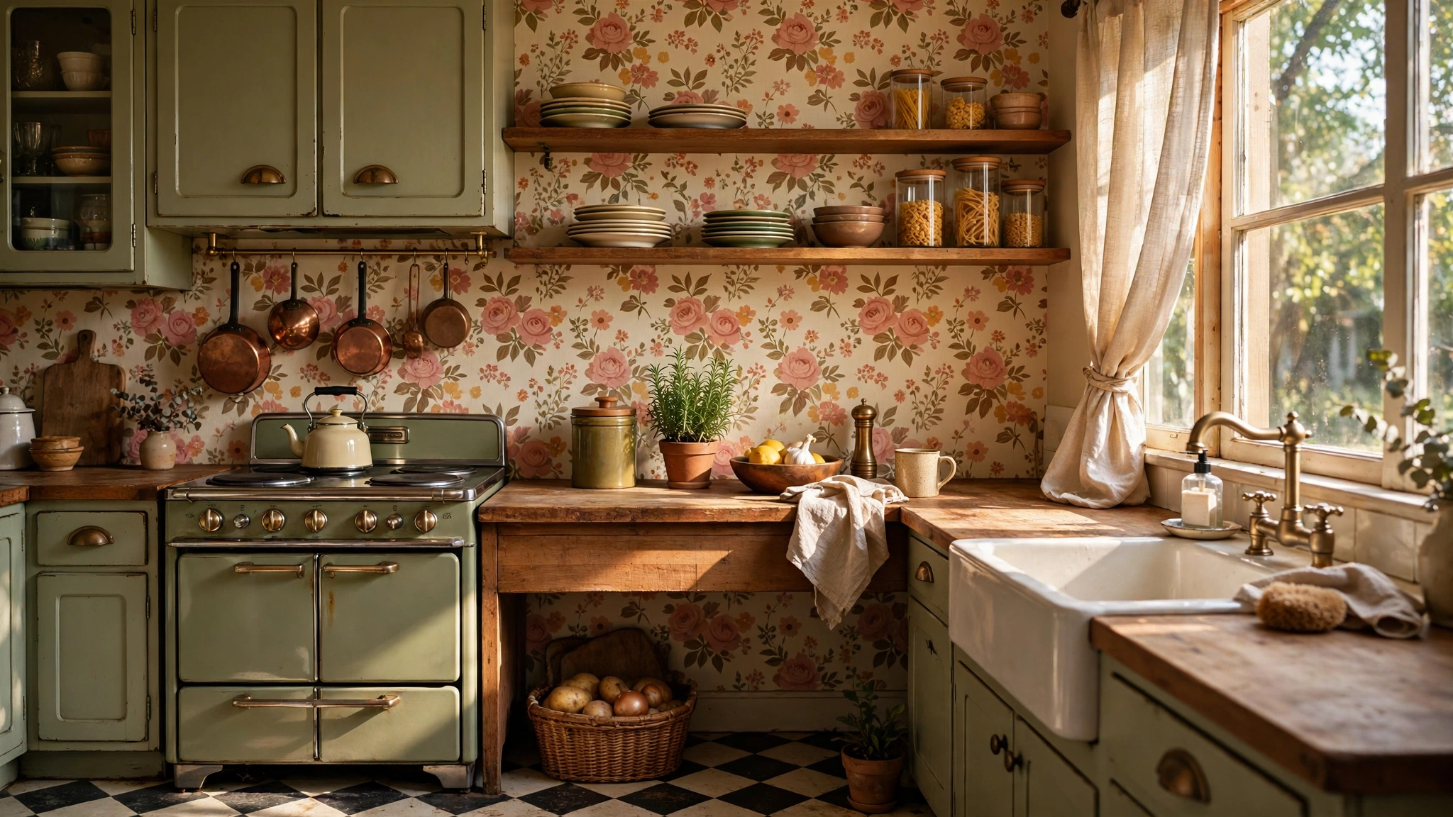 Retro floral wallpaper accent wall in a vintage kitchen