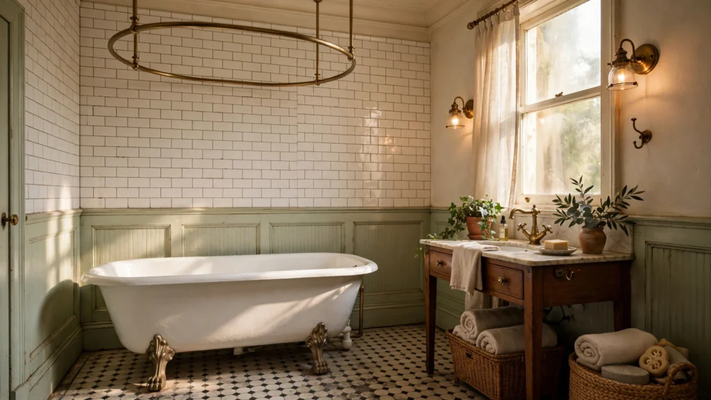 Clawfoot tub with circular shower curtain ring in a vintage bathroom