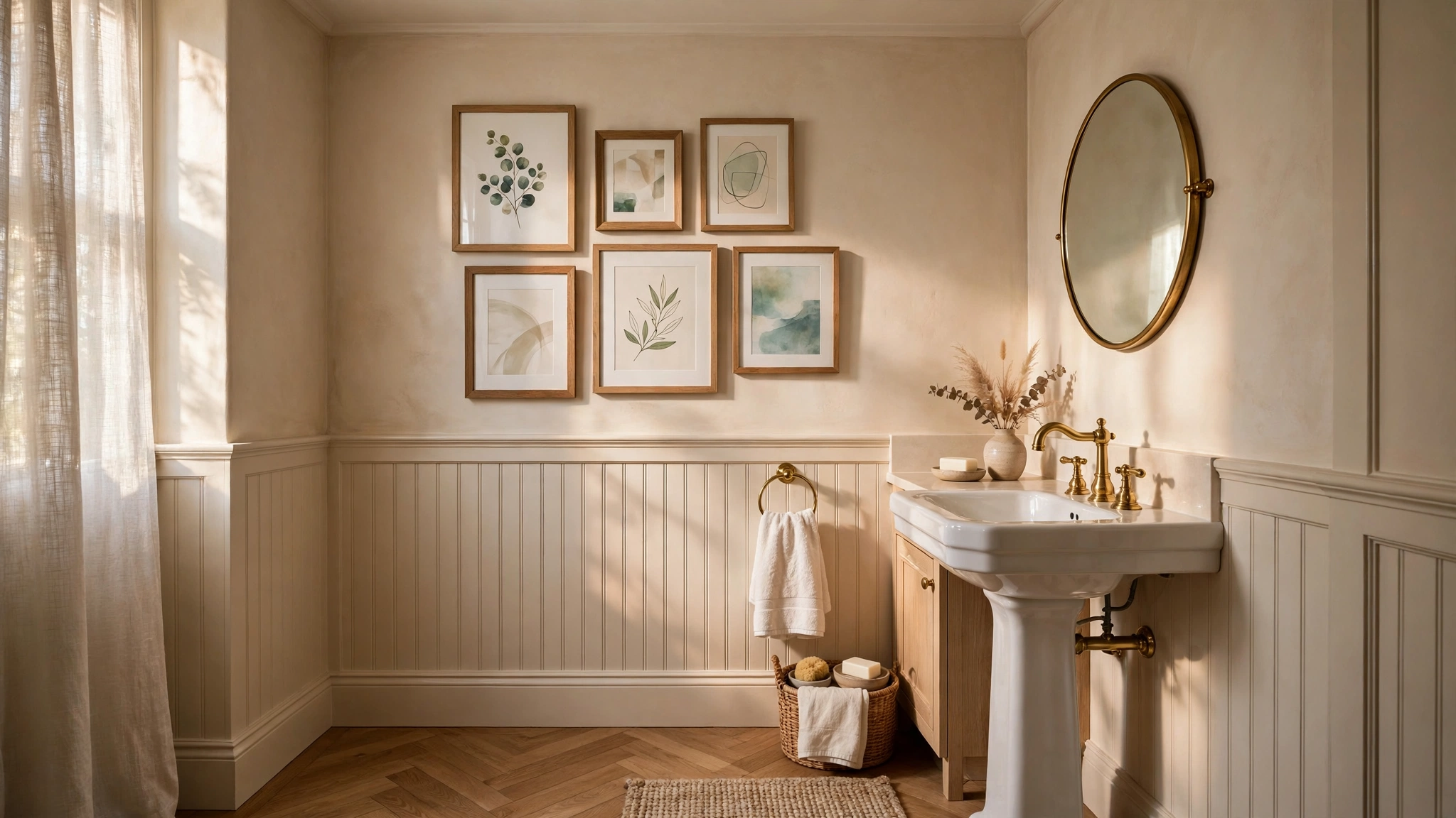 Small gallery wall of framed art in a powder room