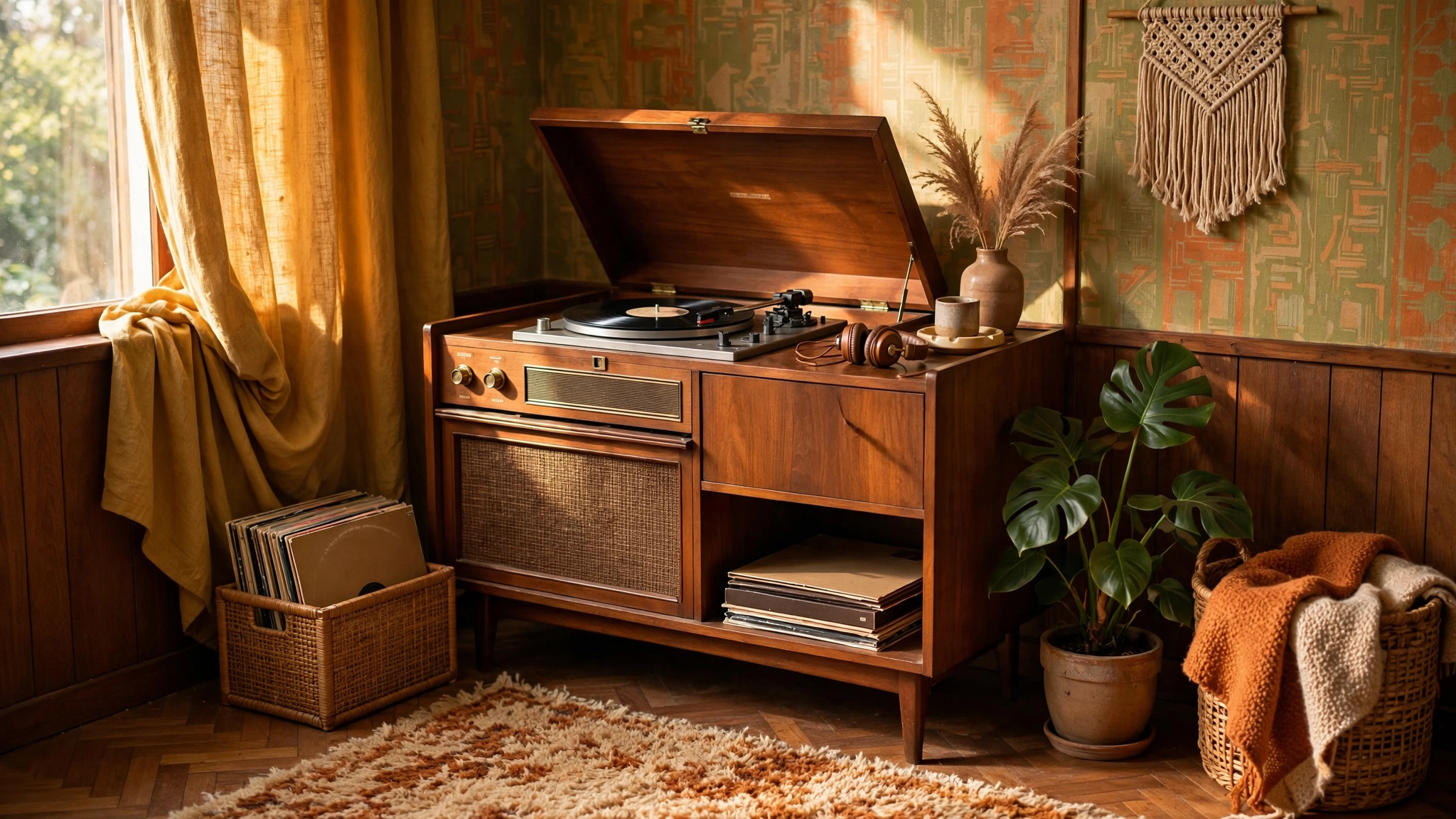 Vintage record player console styled in a retro living room corner