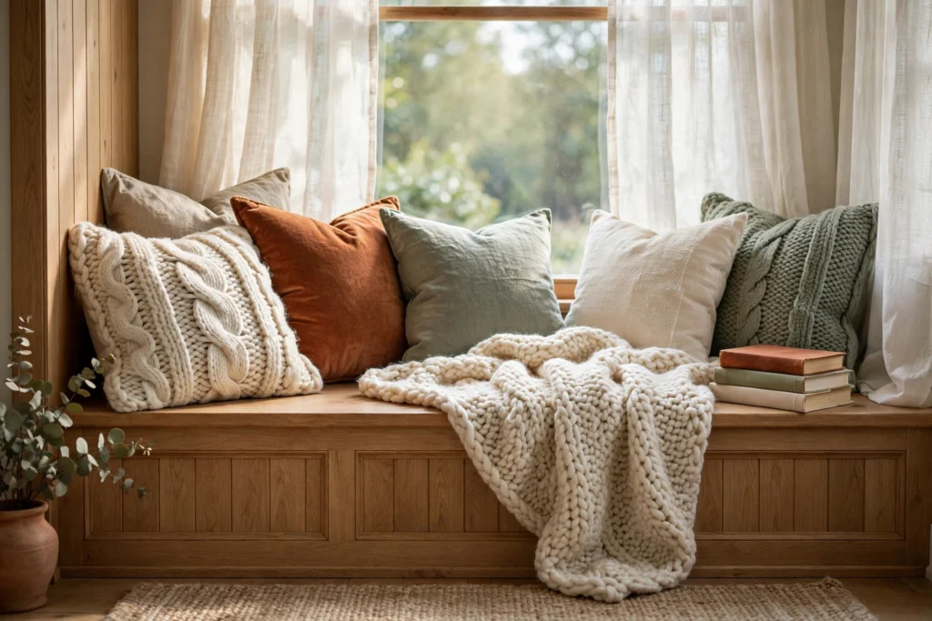Cozy reading nook piled with layered pillows and a chunky knit throw