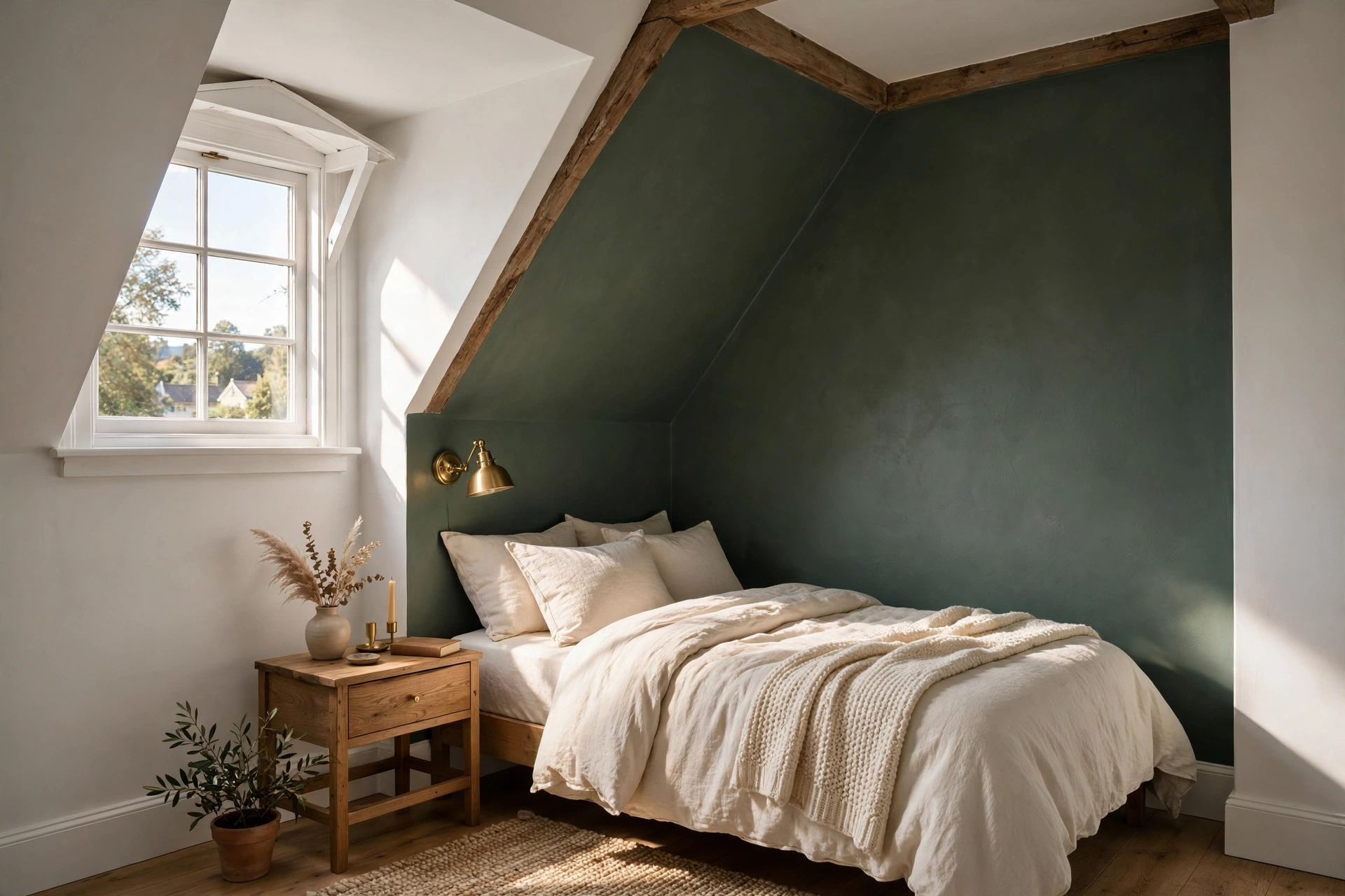 Attic bedroom design idea with a moody sage green sloped wall behind the bed