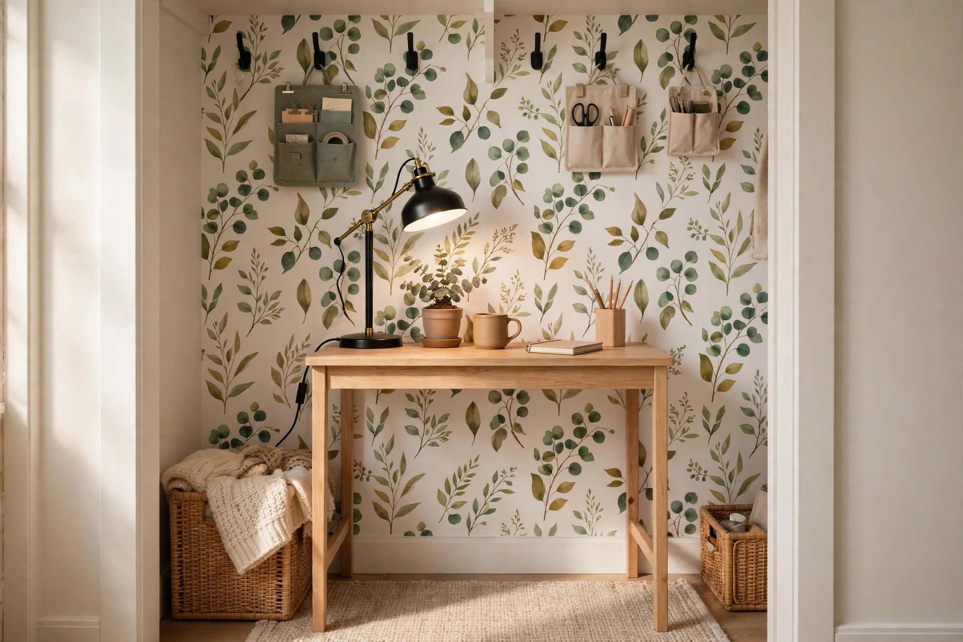 Renter-friendly closet office with freestanding desk, peel-and-stick wallpaper and plug-in lamp