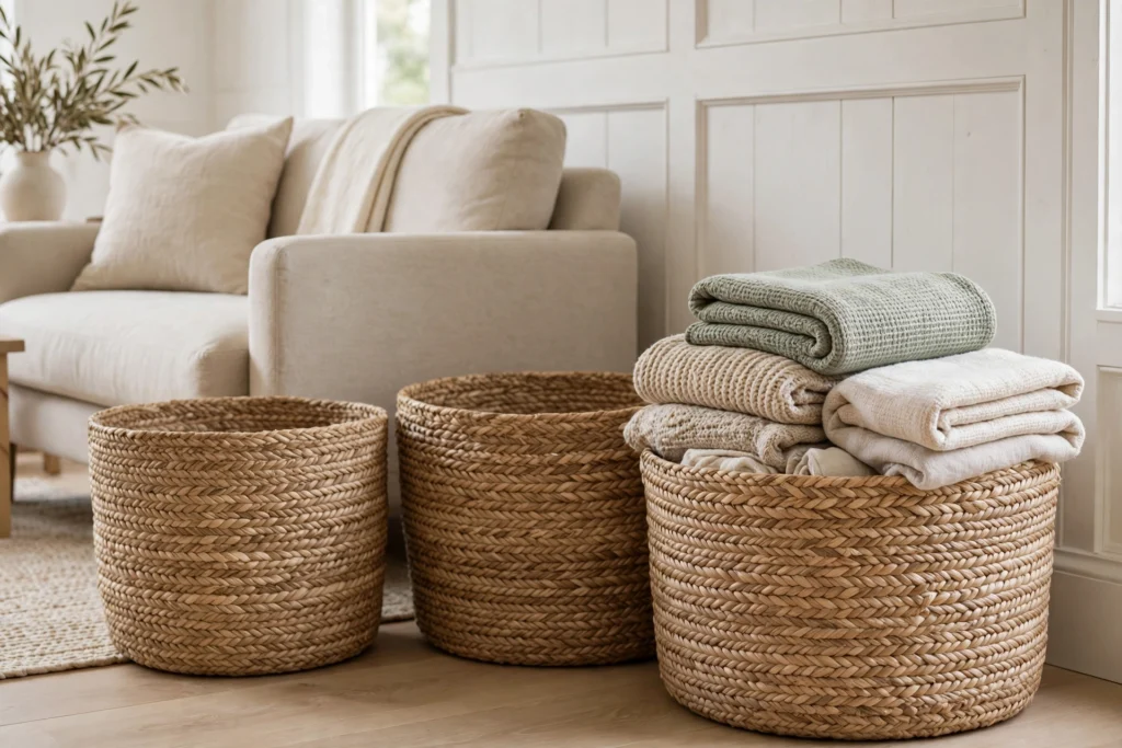 Woven seagrass storage baskets beside a farmhouse sofa holding folded throws