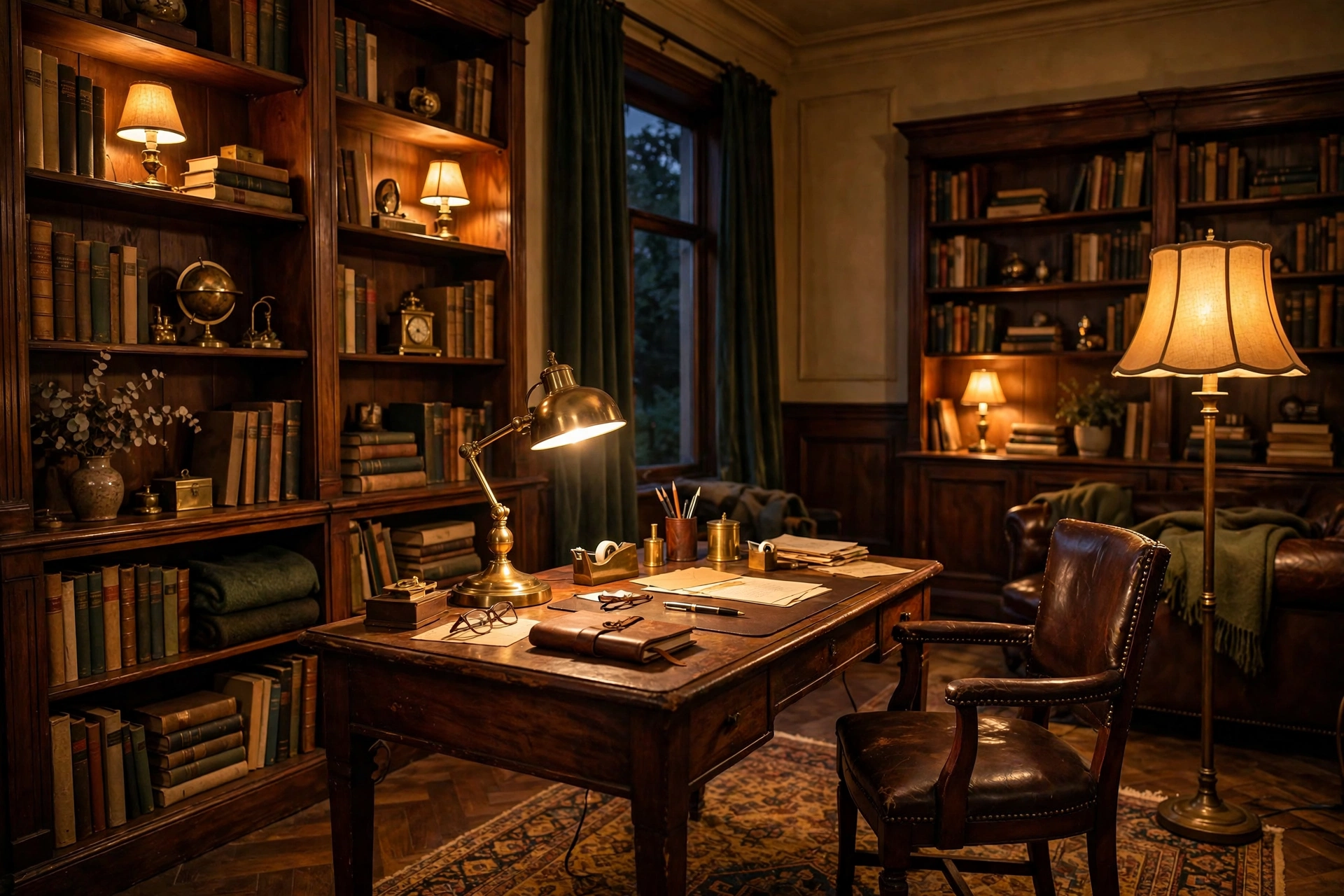 Vintage home office glowing with warm layered lamplight in the evening