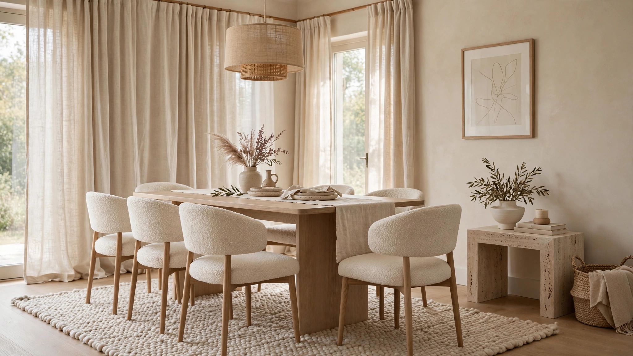 Warm minimalist modern dining room with boucle chairs, wool rug, and linen curtains