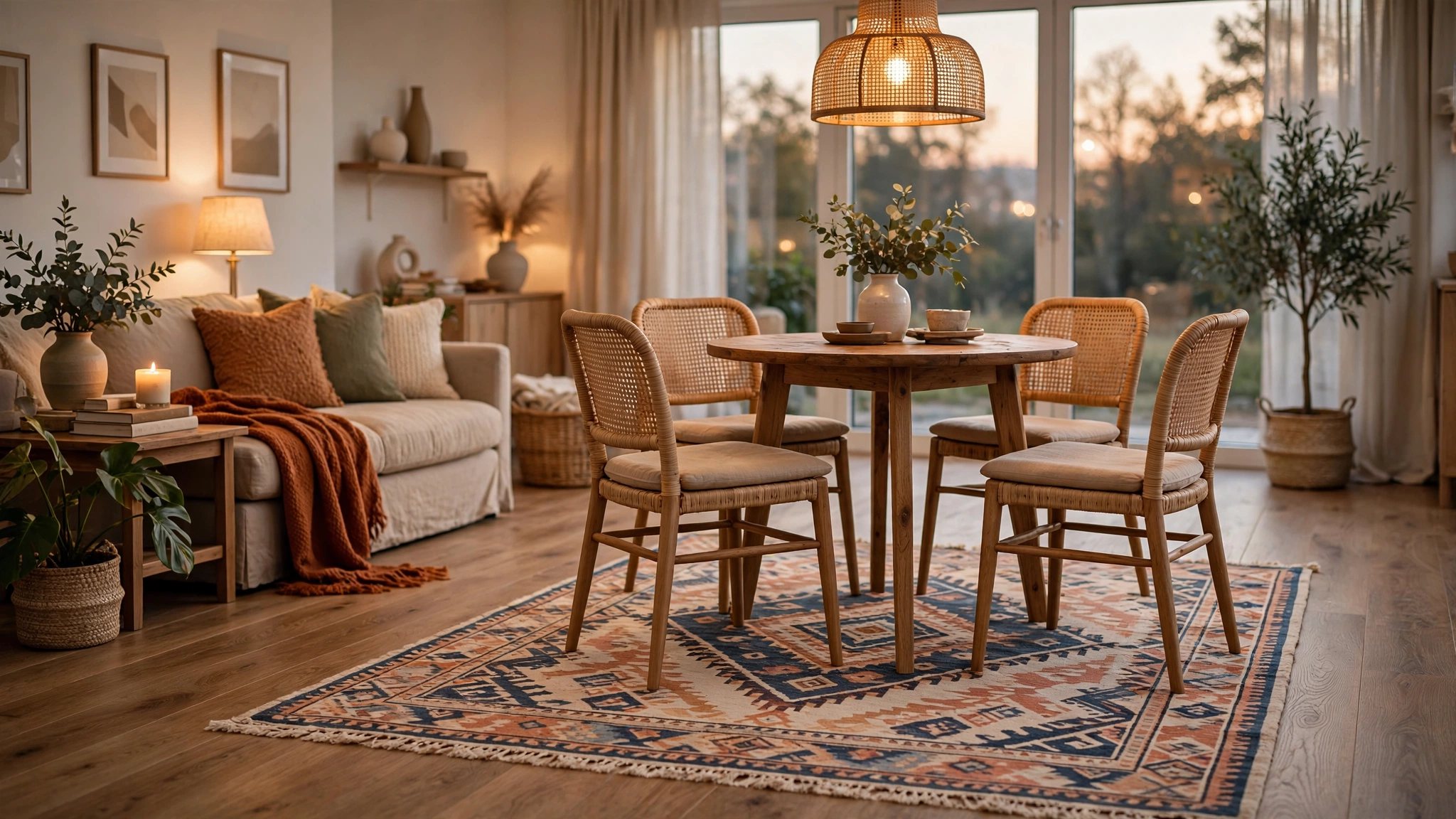 Area rug centered under a small dining table defining the dining zone in an open plan