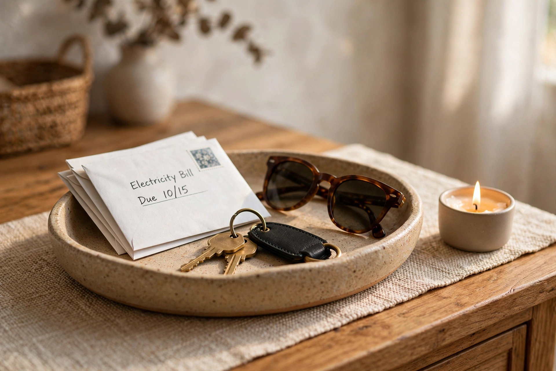 Shallow decorative tray holding keys, sunglasses, and mail on an entryway console table