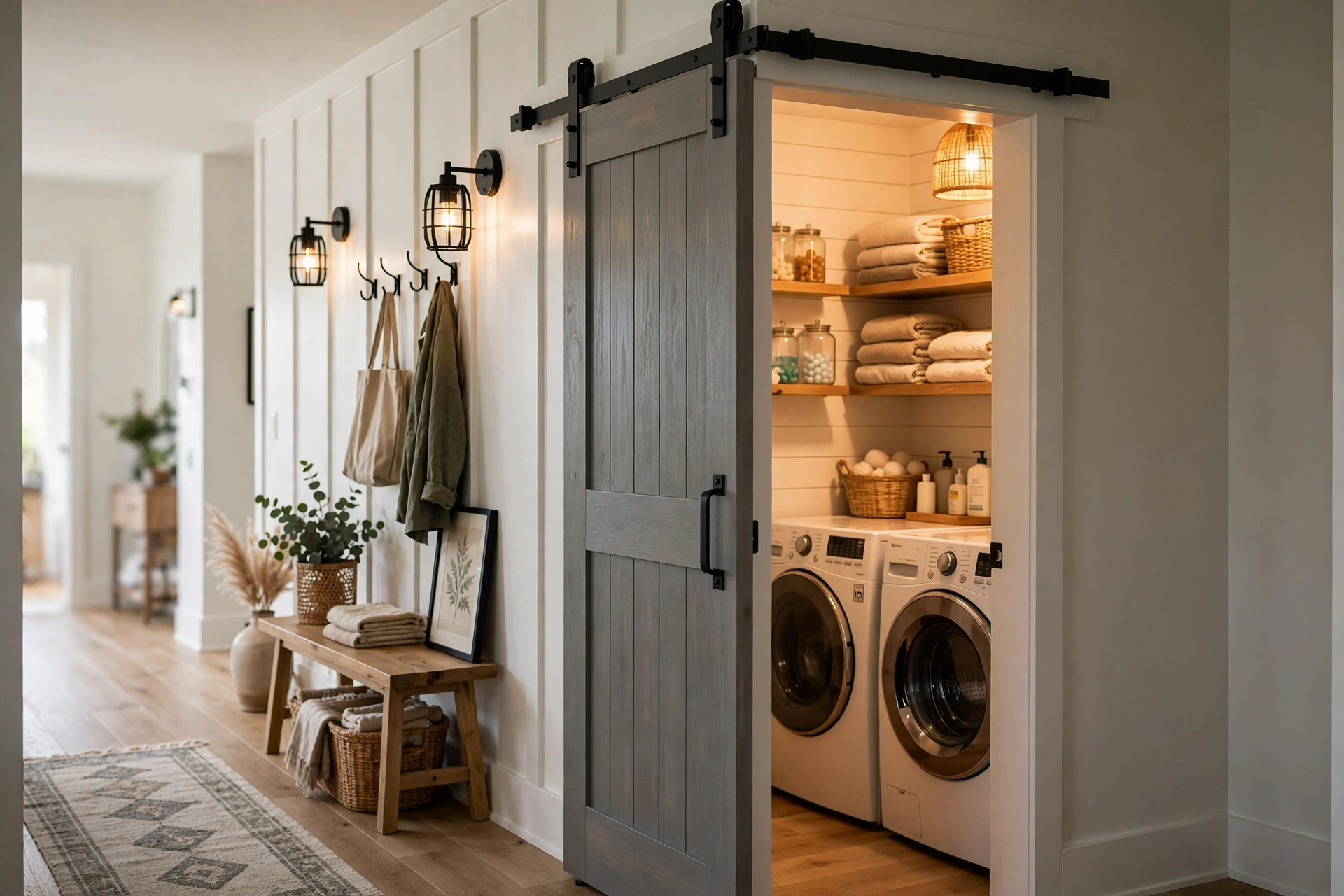 Sliding barn door with black metal hardware on the entrance of a small laundry room