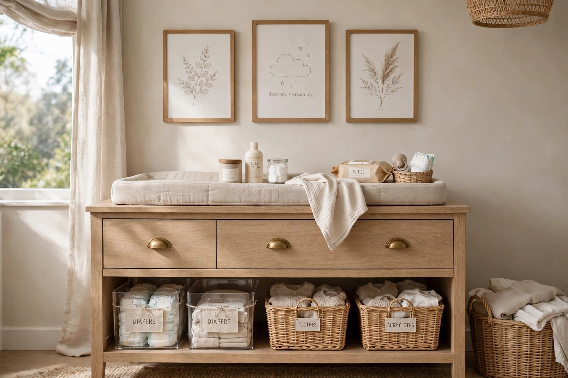 Nursery dresser with changing pad on top and organized diaper storage bins