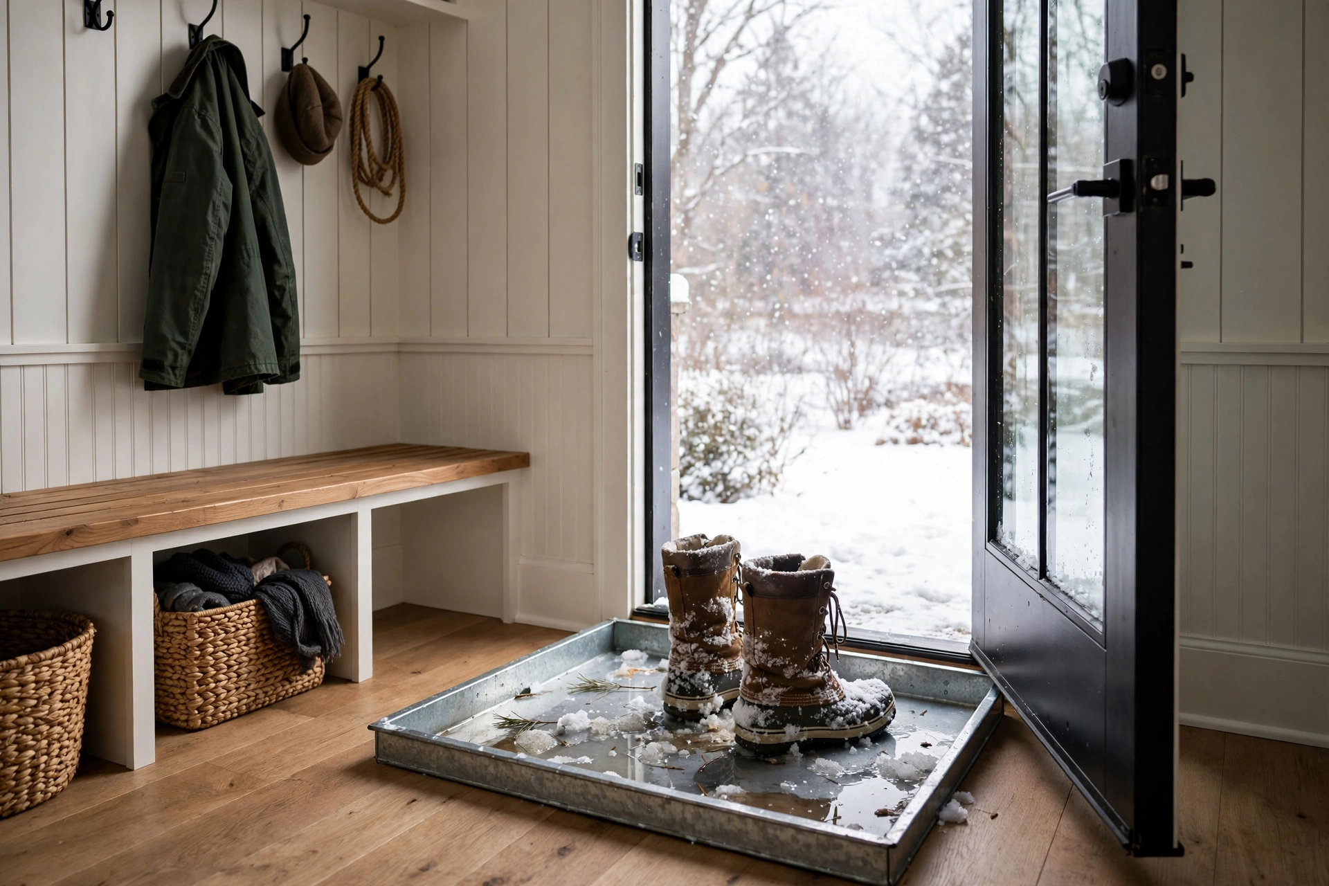 Mudroom boot tray catching meltwater from wet boots right inside the entryway door