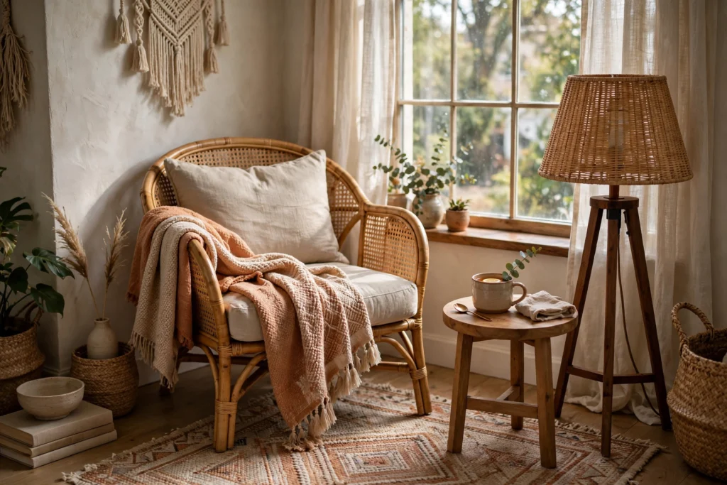 Boho living room design ideas with a cozy reading nook chair, floor lamp and side table