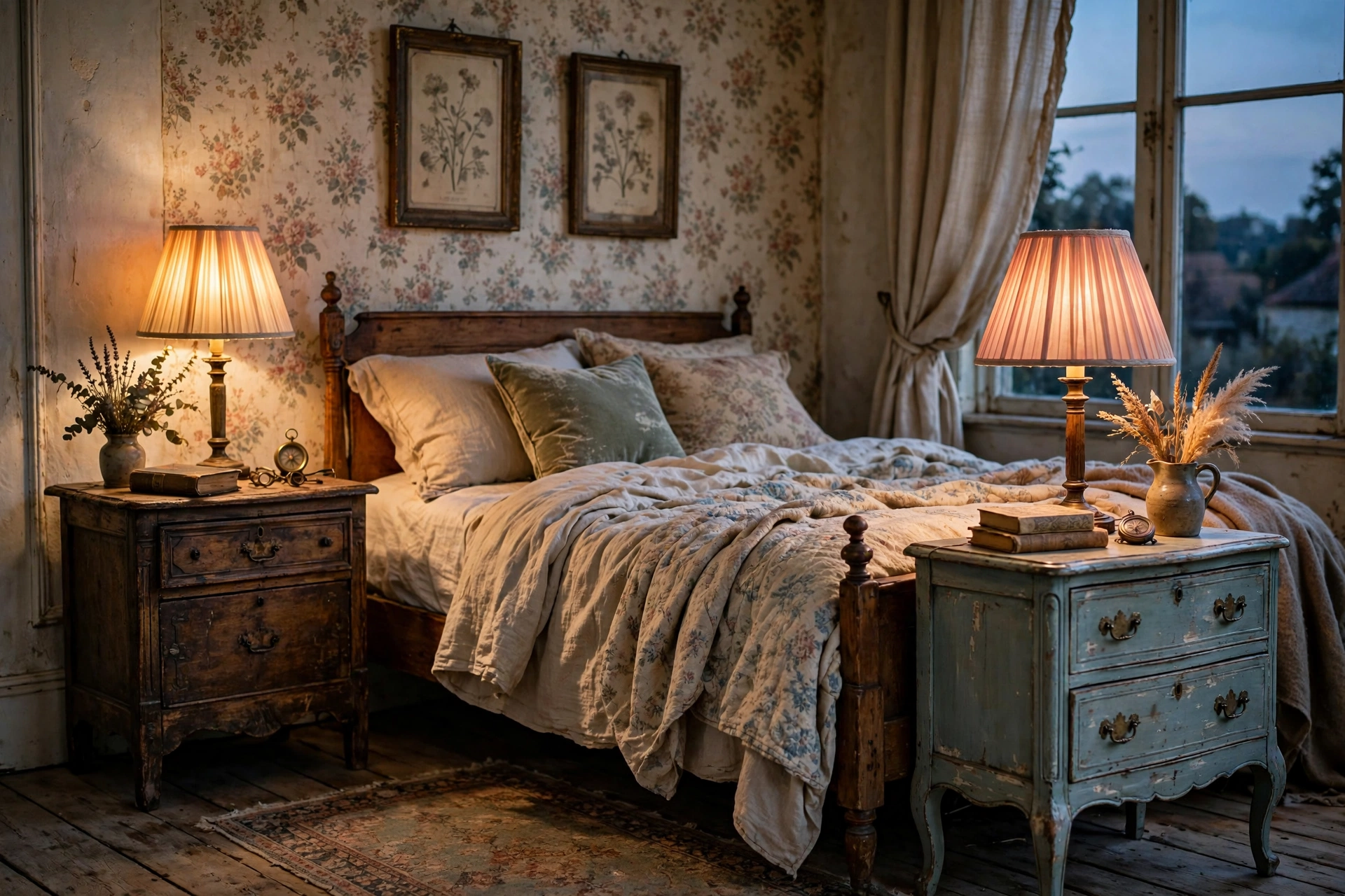 Vintage bedroom design ideas with warm bedside lamps and soft flattering lamplight