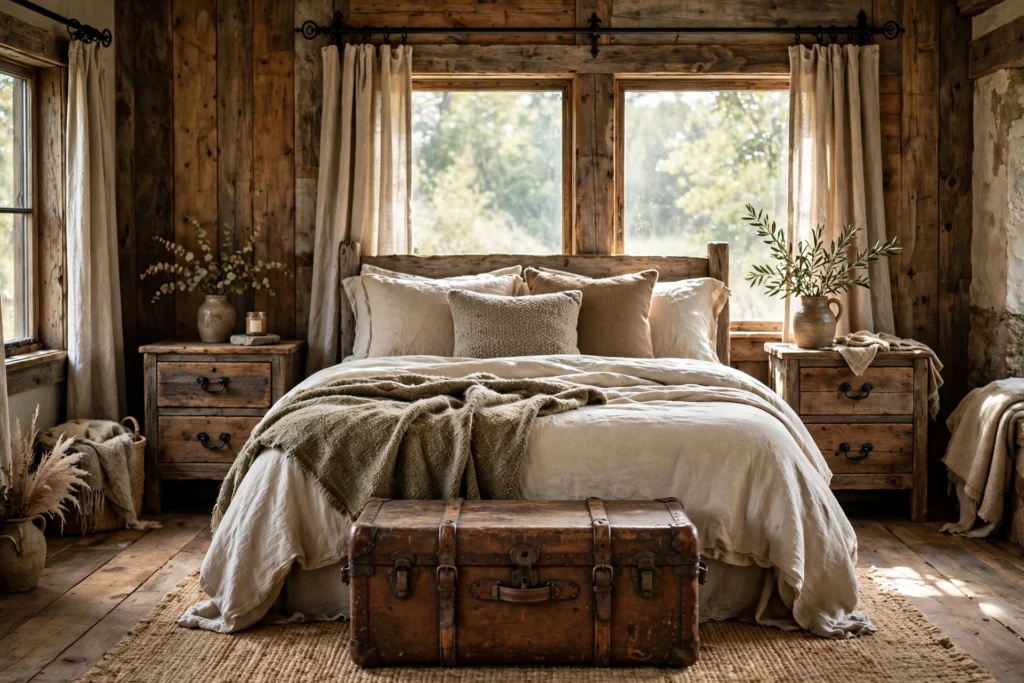 Rustic bedroom design ideas with a leather bench and black iron bed frame details